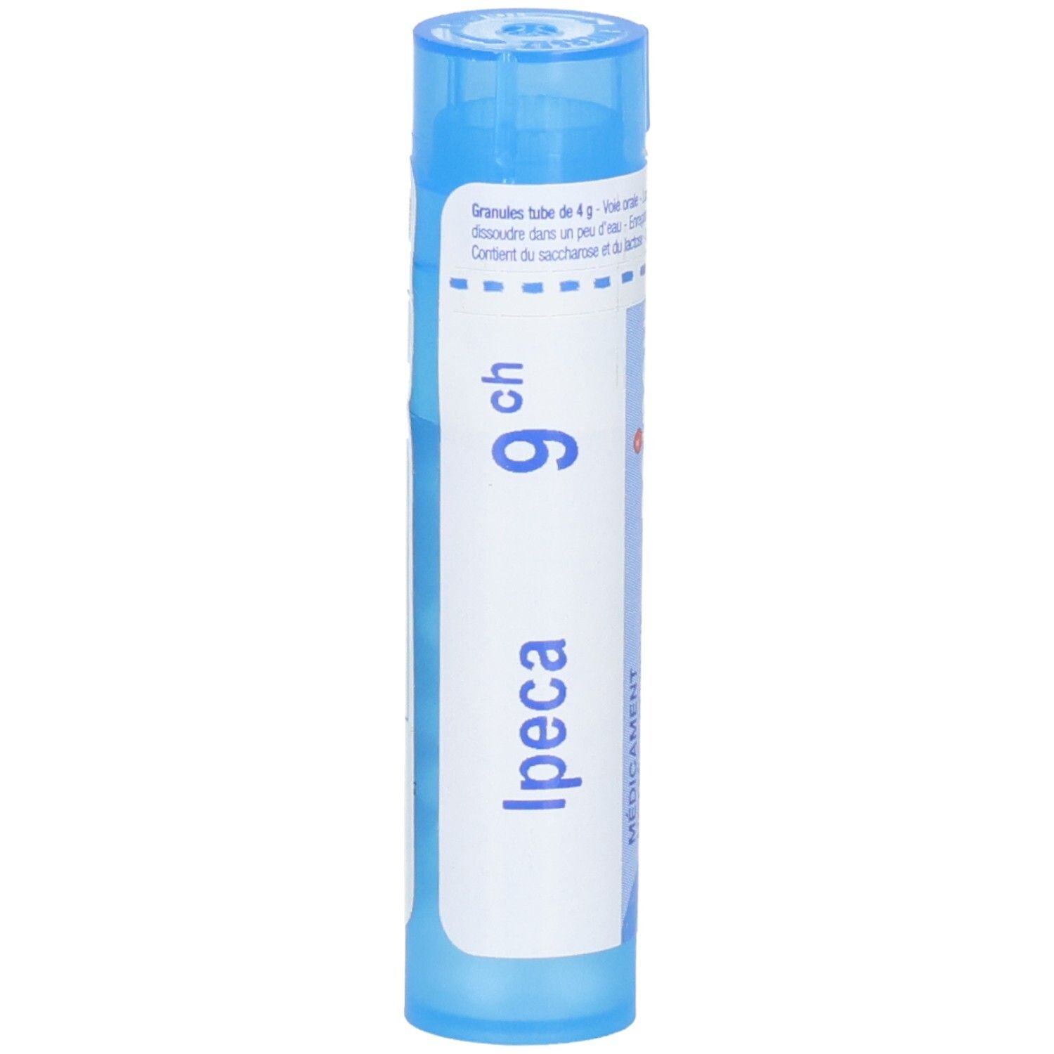 Boiron Ipeca 9 ch granules en tube plastique bleu.