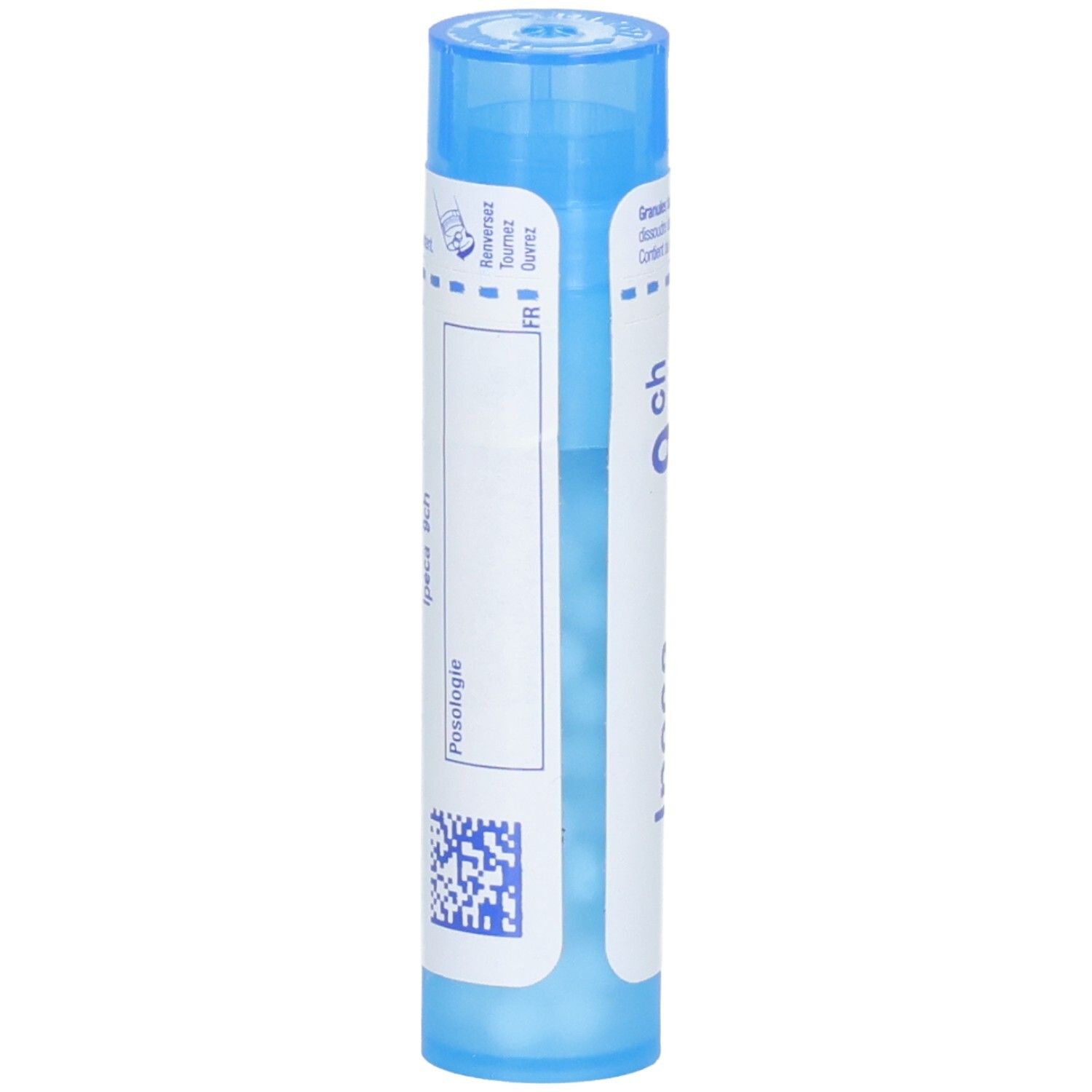 Arrière du tube de granules Boiron Ipeca 9 ch avec instructions de dosage.