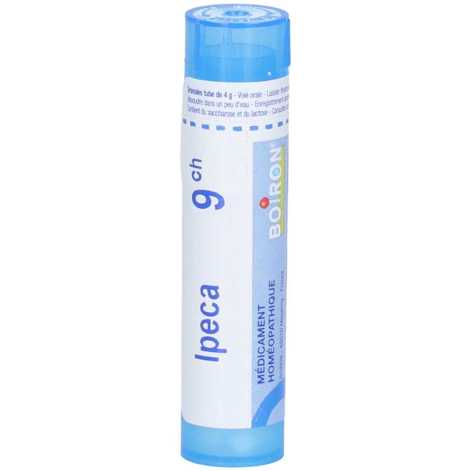 Tube de granules Boiron Ipeca 9 ch avec nom de marque et symbole homéopathique.