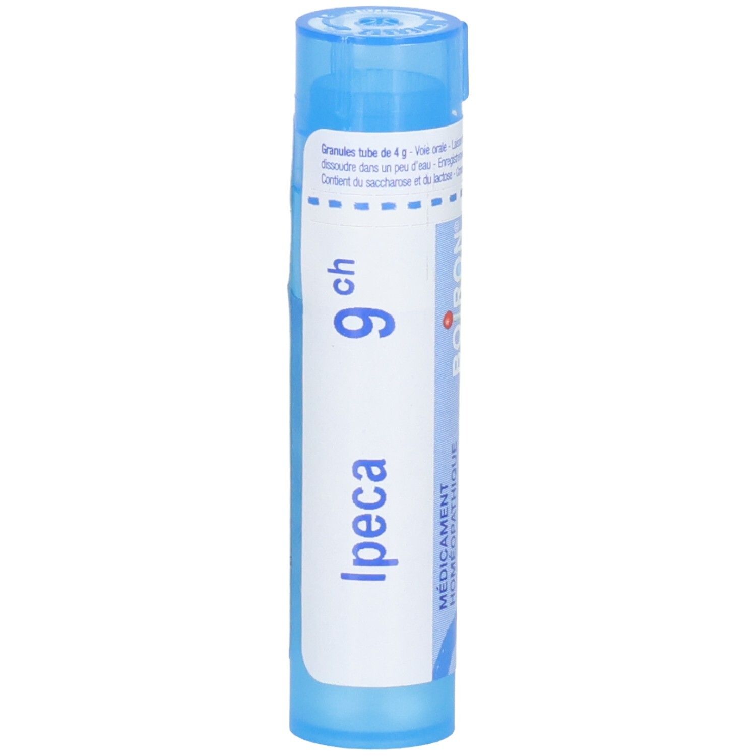 Tube de granules Boiron Ipeca 9 ch avec étiquette et indication de dosage.