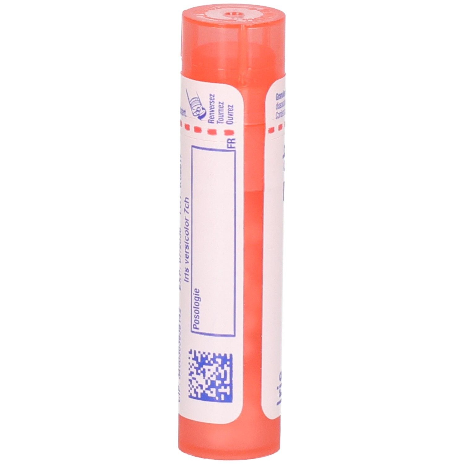 Arrière d'un tube orange de granules, étiquette avec 'Iris versicolor 7ch'.