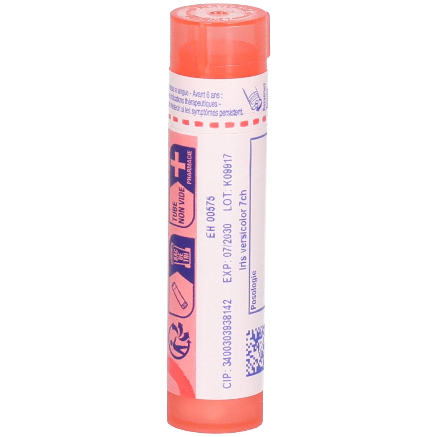 Tube orange de granules, étiquette avec 'Iris versicolor 7ch', numéro de lot et date d'expiration.