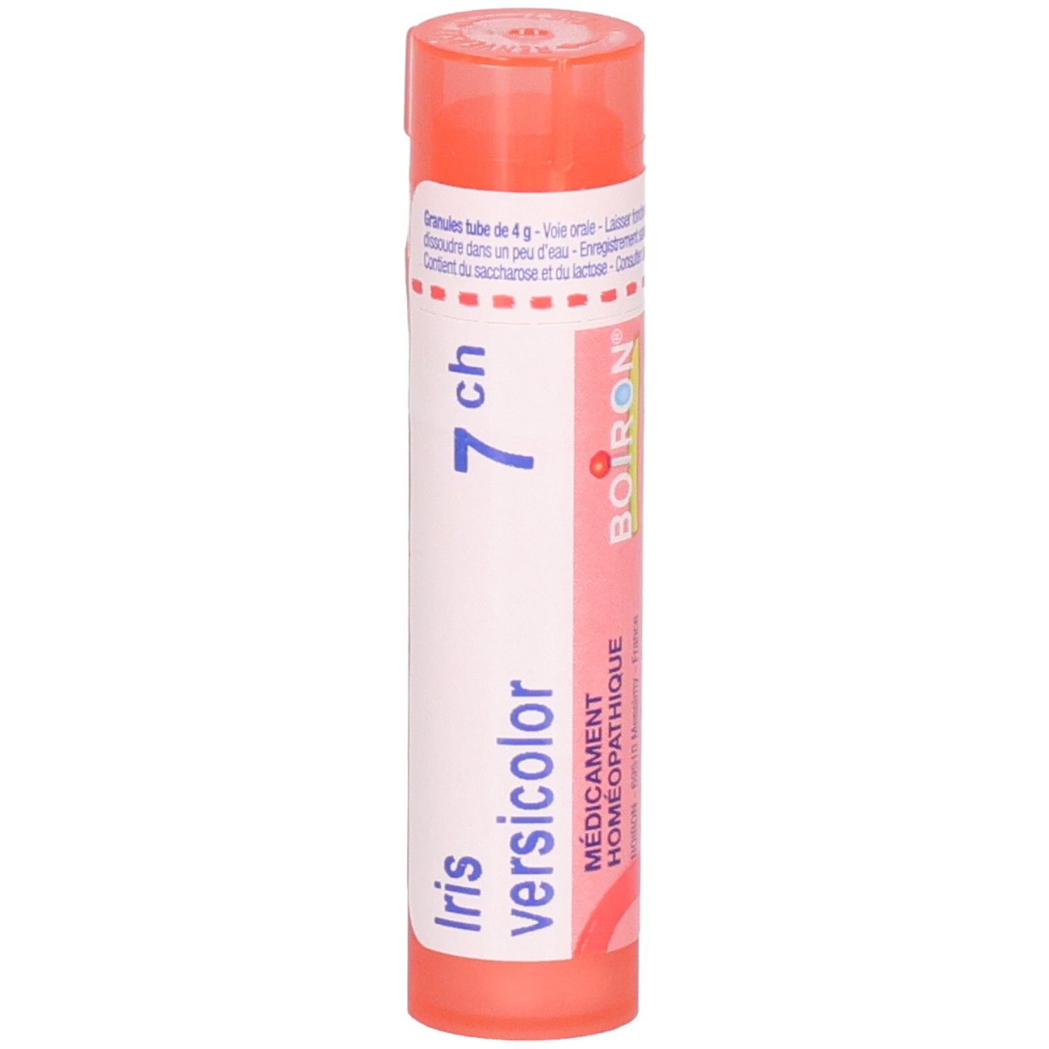 Tube orange de granules, étiquette avec 'Iris versicolor 7 ch' et logo BOIRON.