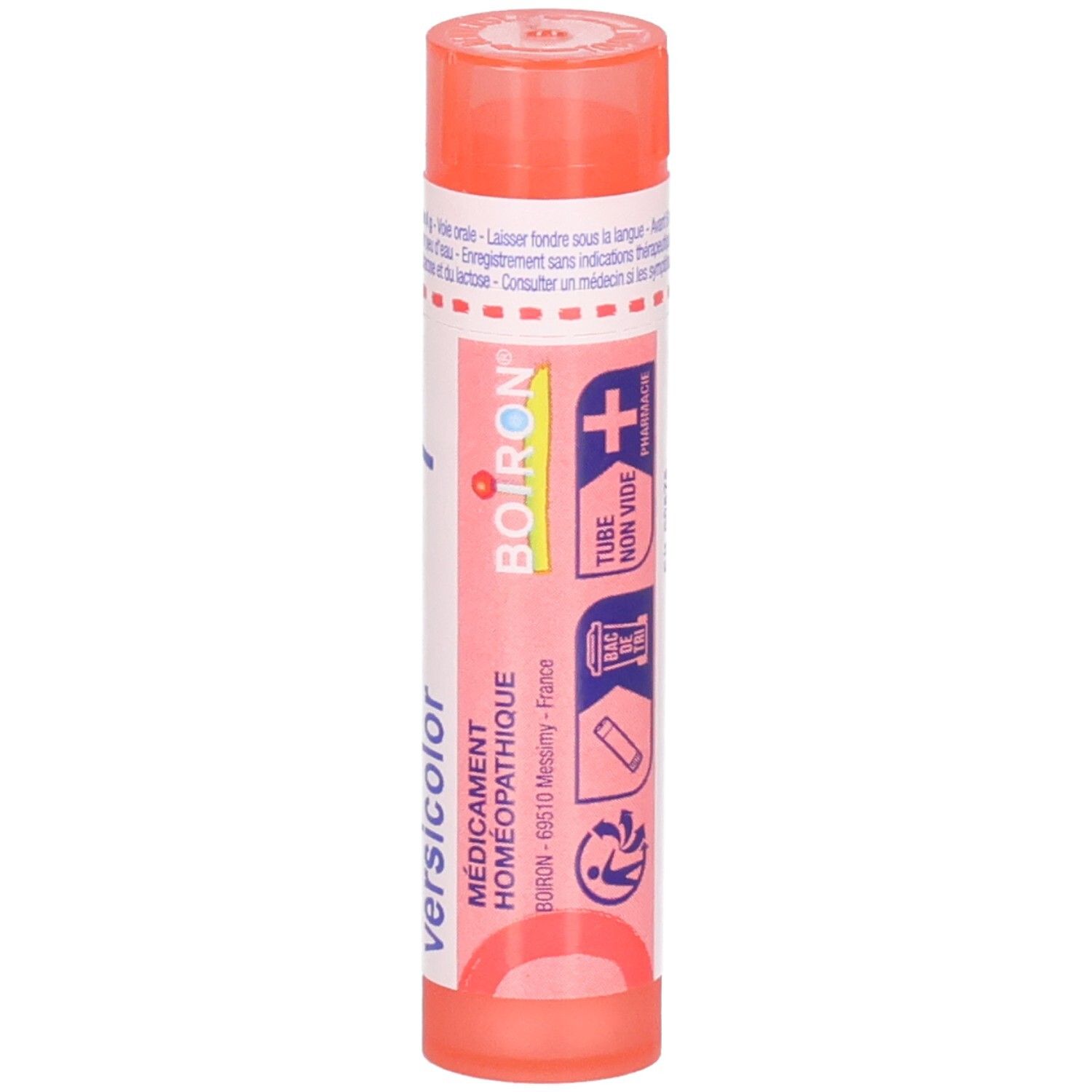 Tube orange de granules, étiquette avec 'Iris versicolor', logo BOIRON et 'Médicament Homéopathique'.