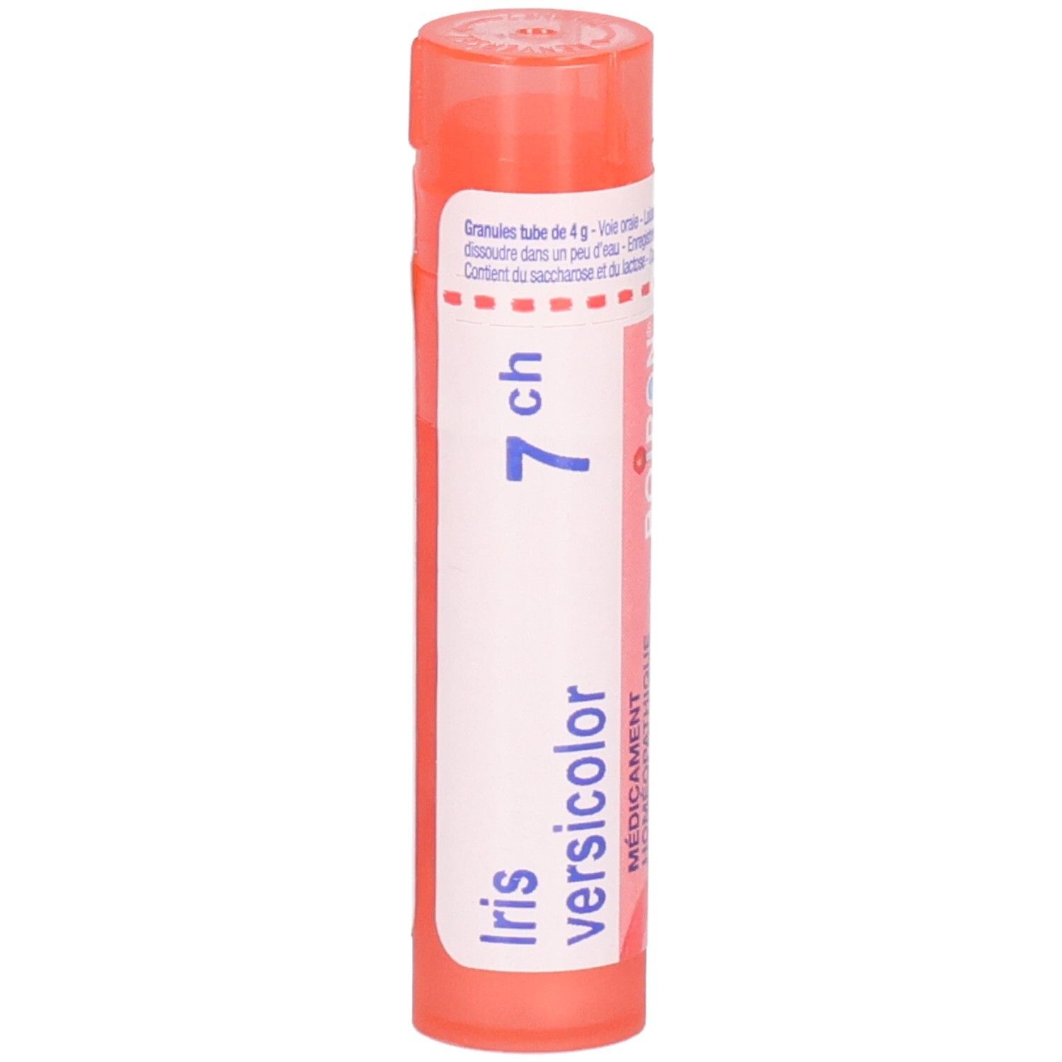 Tube orange de granules, étiquette avec 'Iris versicolor 7 ch' et logo BOIRON.