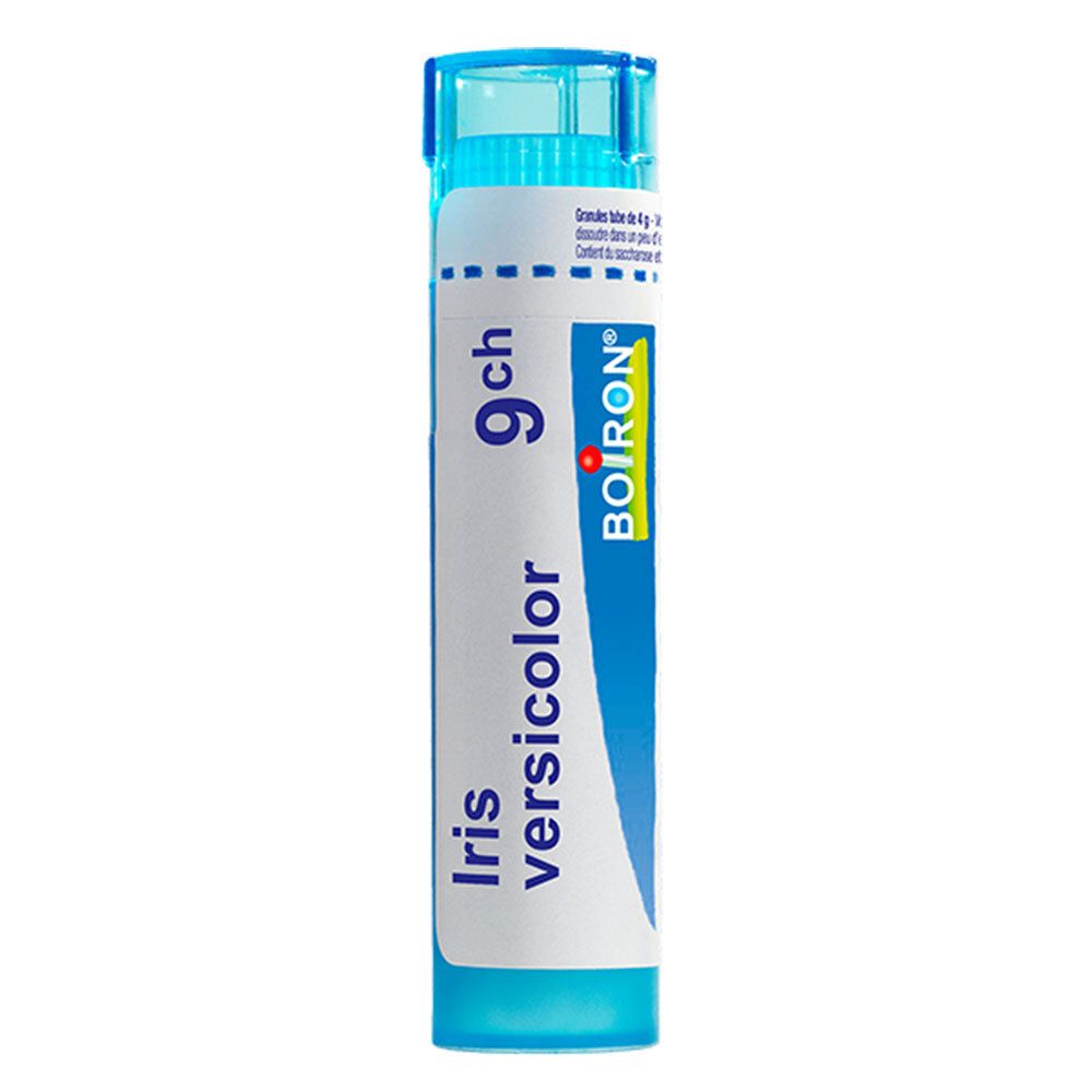 Tube de granules Boiron Iris Versicolor 9 ch. Bouchon bleu, étiquettes blanches avec texte bleu.