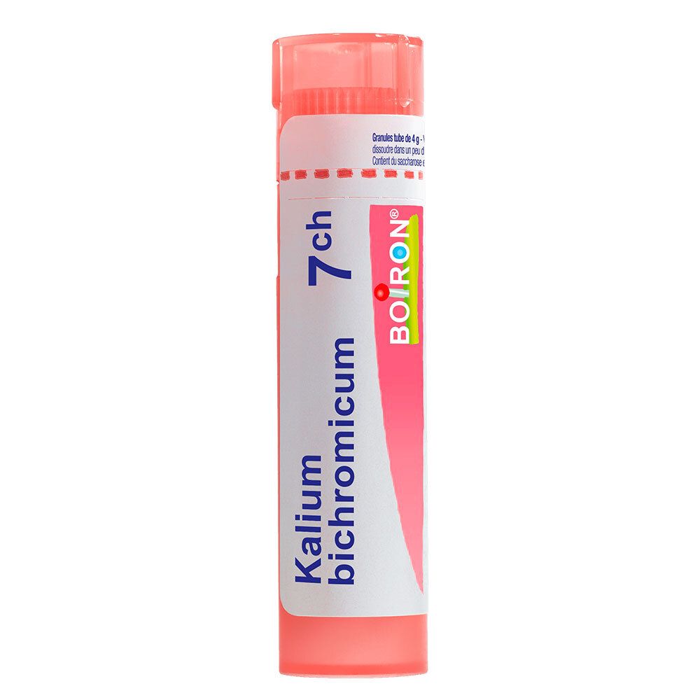 Boiron Kalium bichromicum 7 ch tube de granules. Emballage rose et blanc avec informations produit.