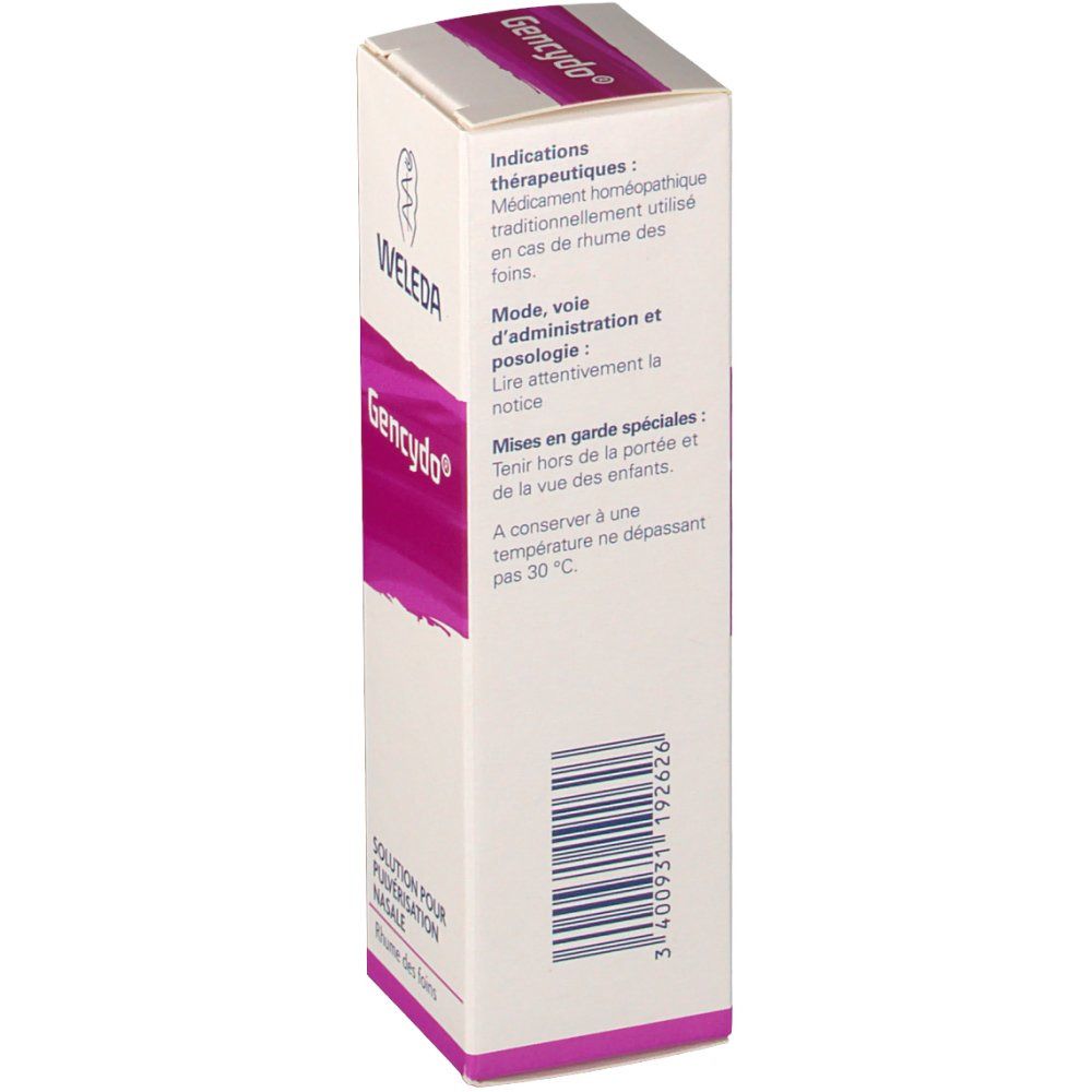 Boîte de Gencydo®. Blanche, accents violets et texte. Logo Weleda. Texte en français : Indications, Mode, Mise en garde spéciales.