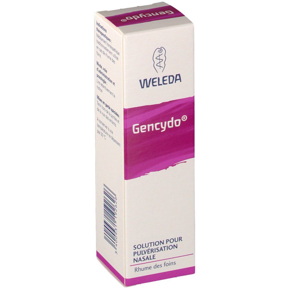 Emballage de Gencydo®. Blanc avec accents violets. Logo Weleda. Texte en français : Solution pour pulvérisation nasale, Rhume des foins.