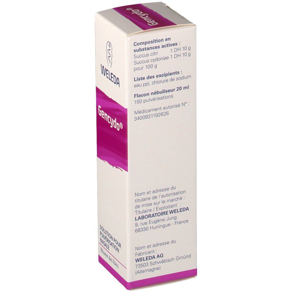 Emballage de Gencydo®. Blanc avec accents violets. Logo Weleda. Texte en français : Composition, Flacon nébuliseur 20 ml, 150 pulvérisations.