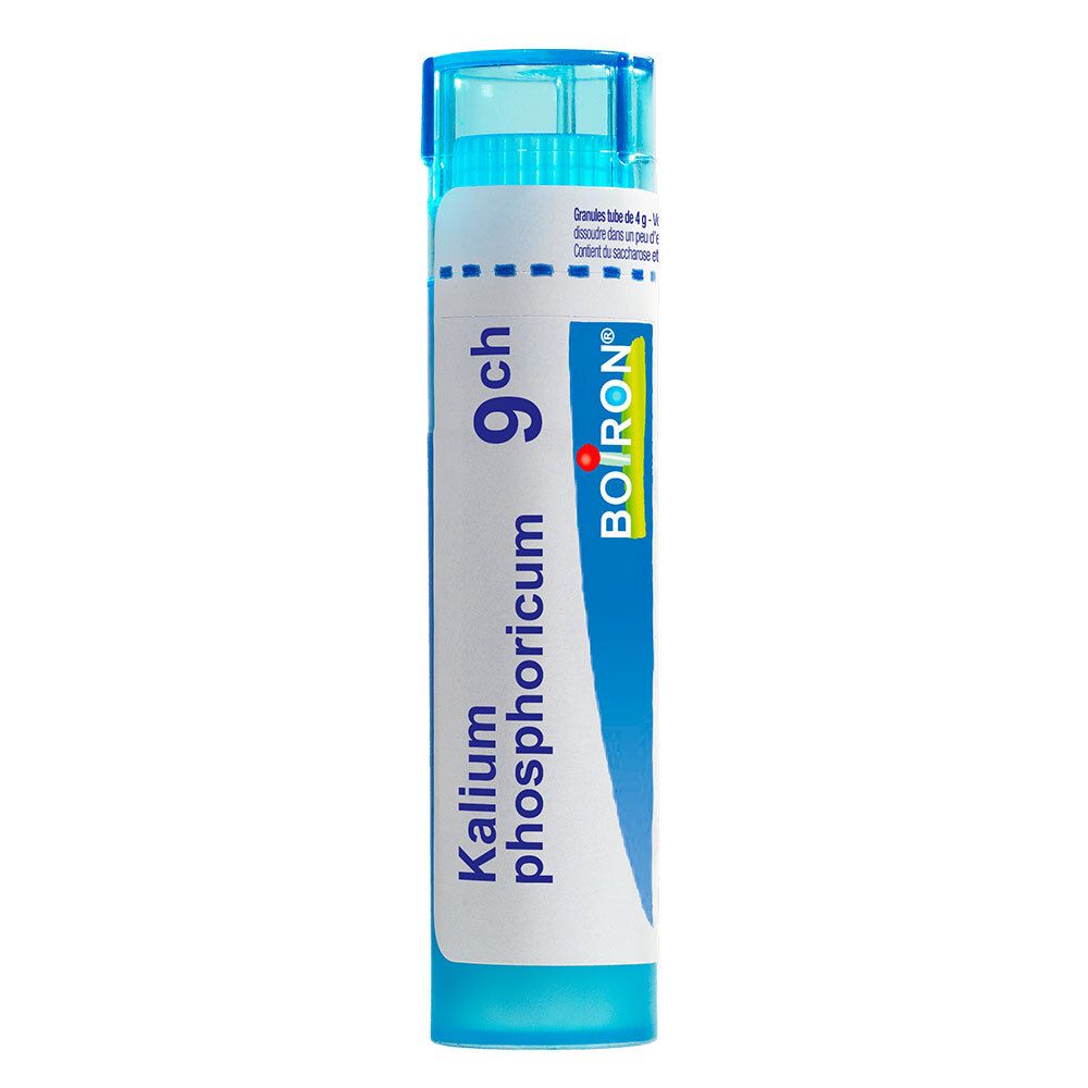 Tube Boiron Kalium Phosphoricum 9 ch. Bouchon et base bleus, étiquette blanche avec écriture bleue.