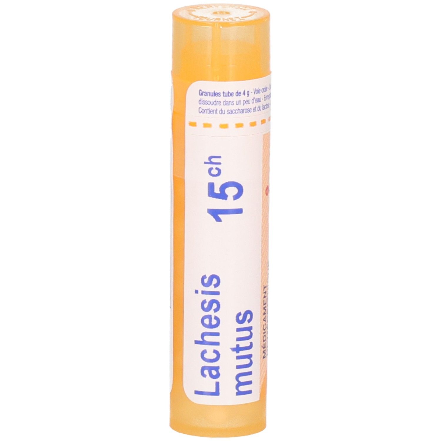 Tube orange avec inscription Lachesis mutus 15 ch.