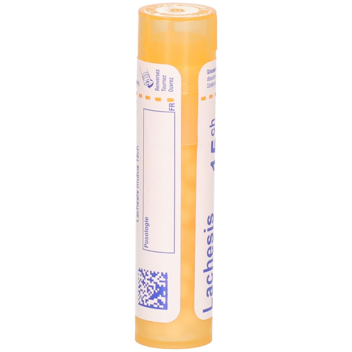 Arrière d'un tube orange avec Lachesis mutus 15 ch et informations de dosage.