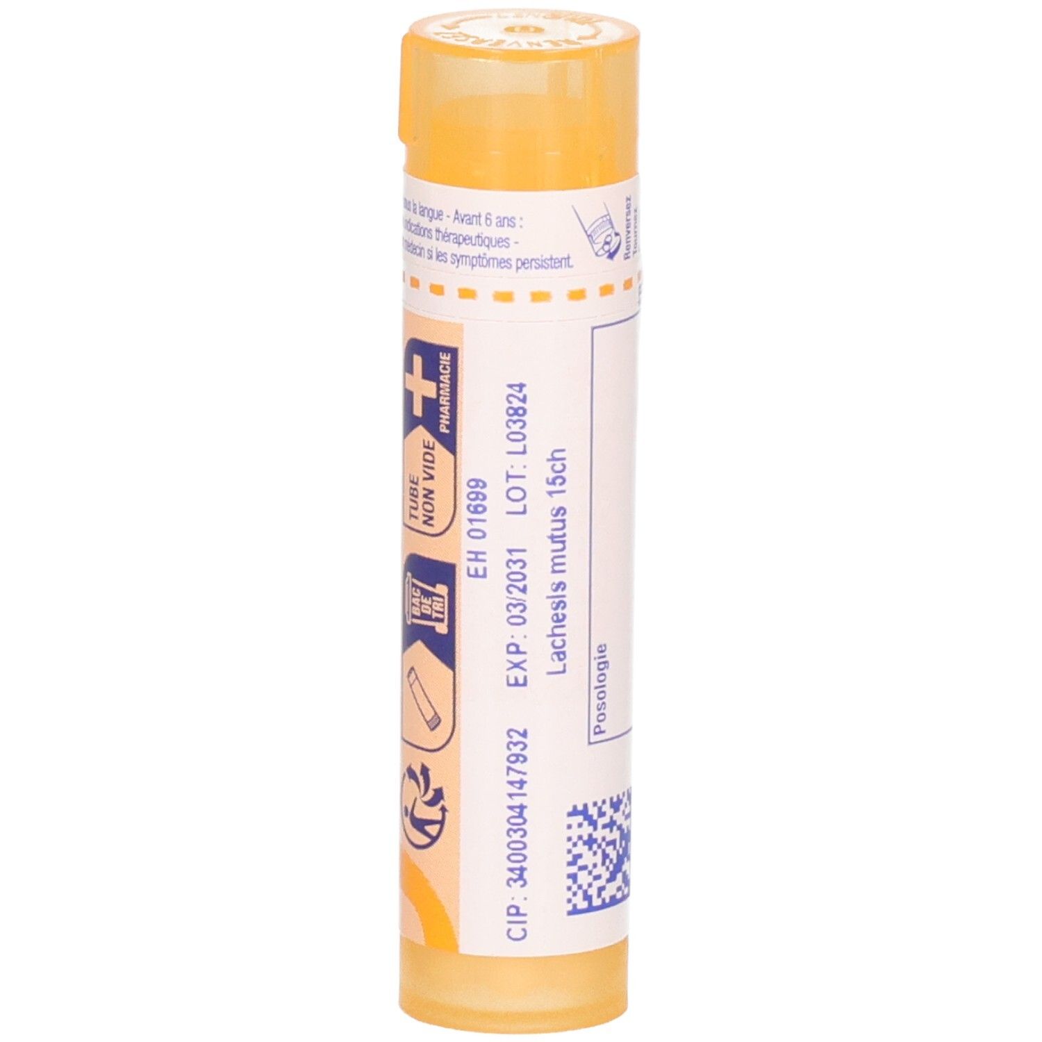 Tube orange avec Lachesis mutus 15 ch, date d'expiration et numéro de lot.