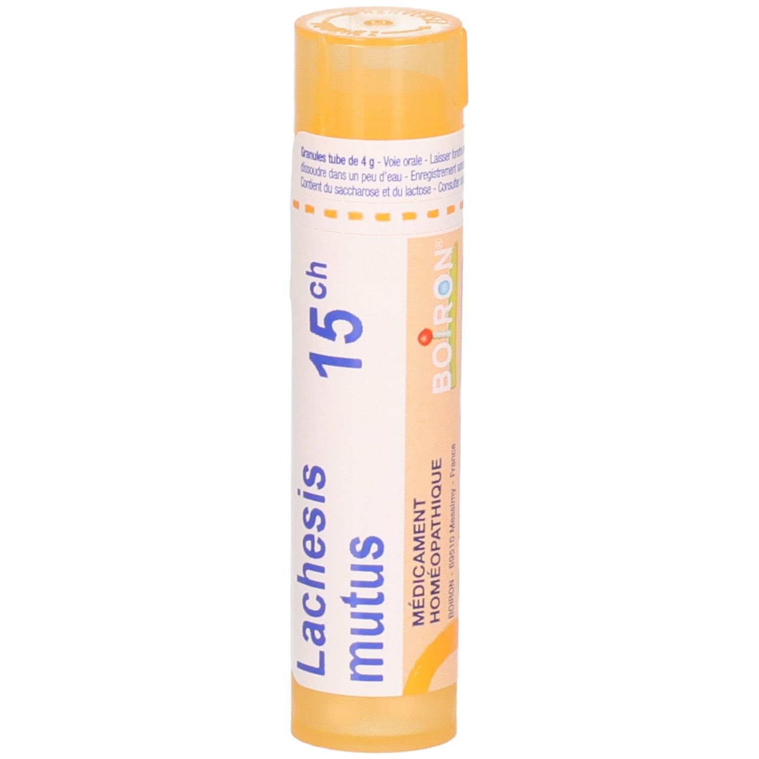 Tube orange avec logo Boiron et inscription Lachesis mutus 15 ch.