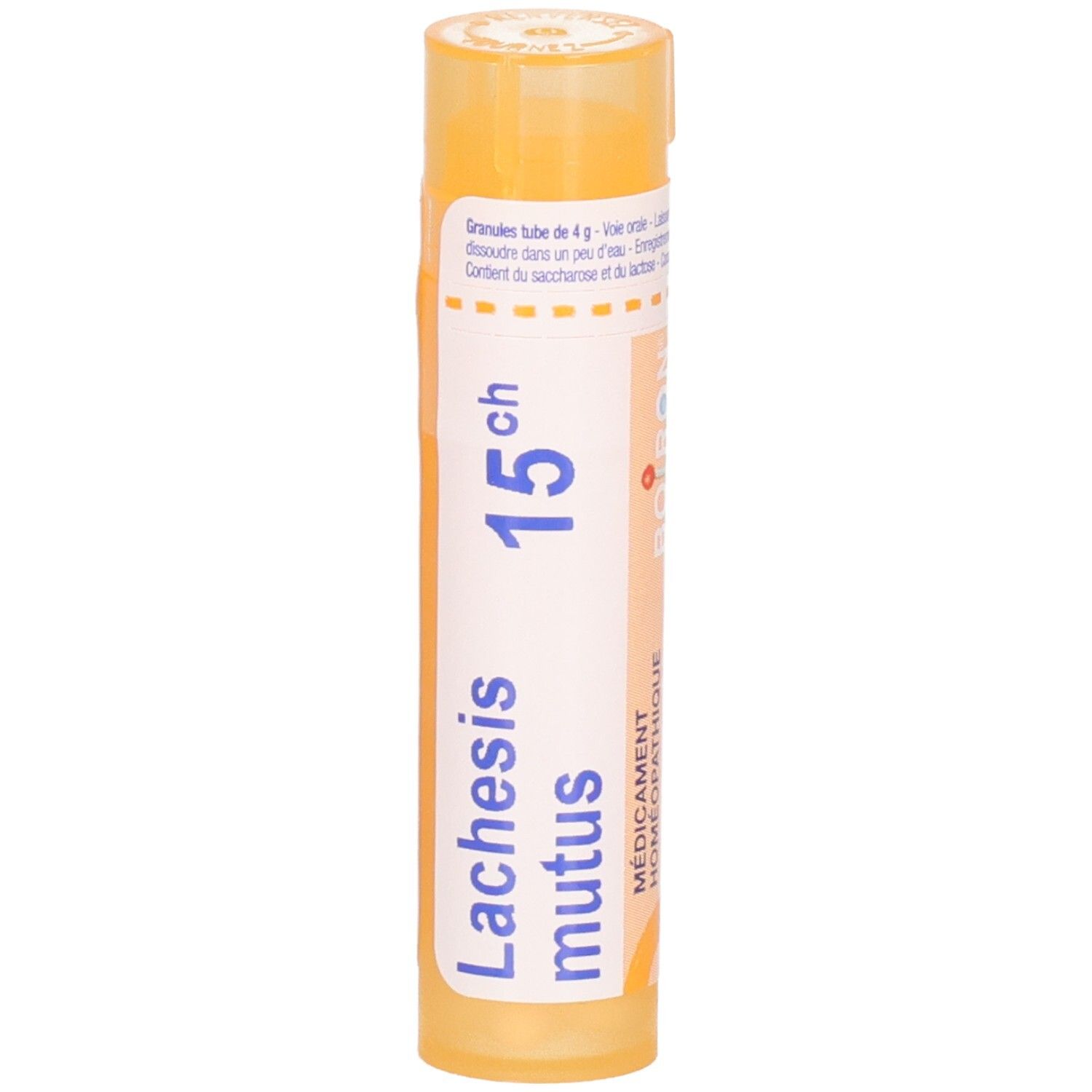 Tube orange avec logo Boiron, Lachesis mutus 15 ch et instructions de dosage.