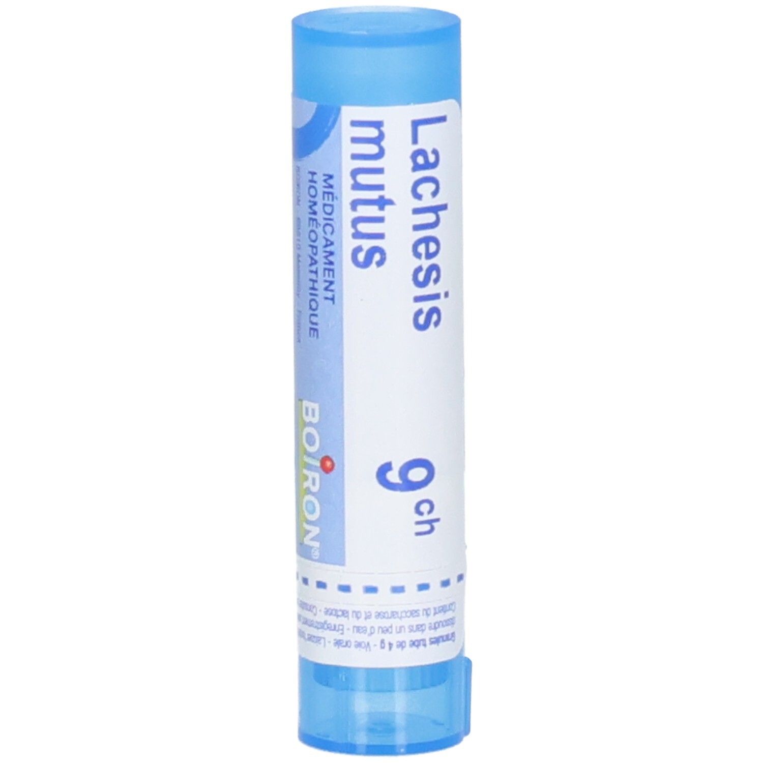 Tube cylindrique bleu. Inscription: Lachesis mutus 9 ch, Boiron. Médicament homéopathique.