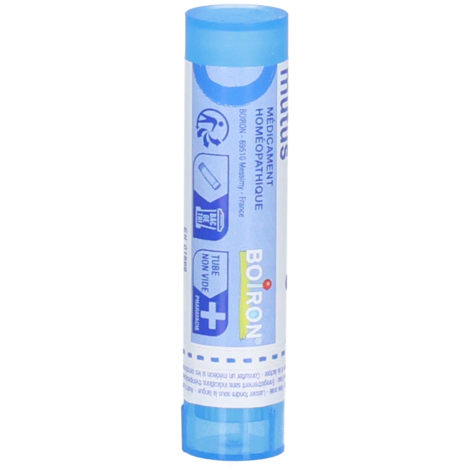 Tube bleu avec étiquette blanche. Inscription: Boiron, Lachesis mutus, Médicament Homéopathique. Divers pictogrammes.