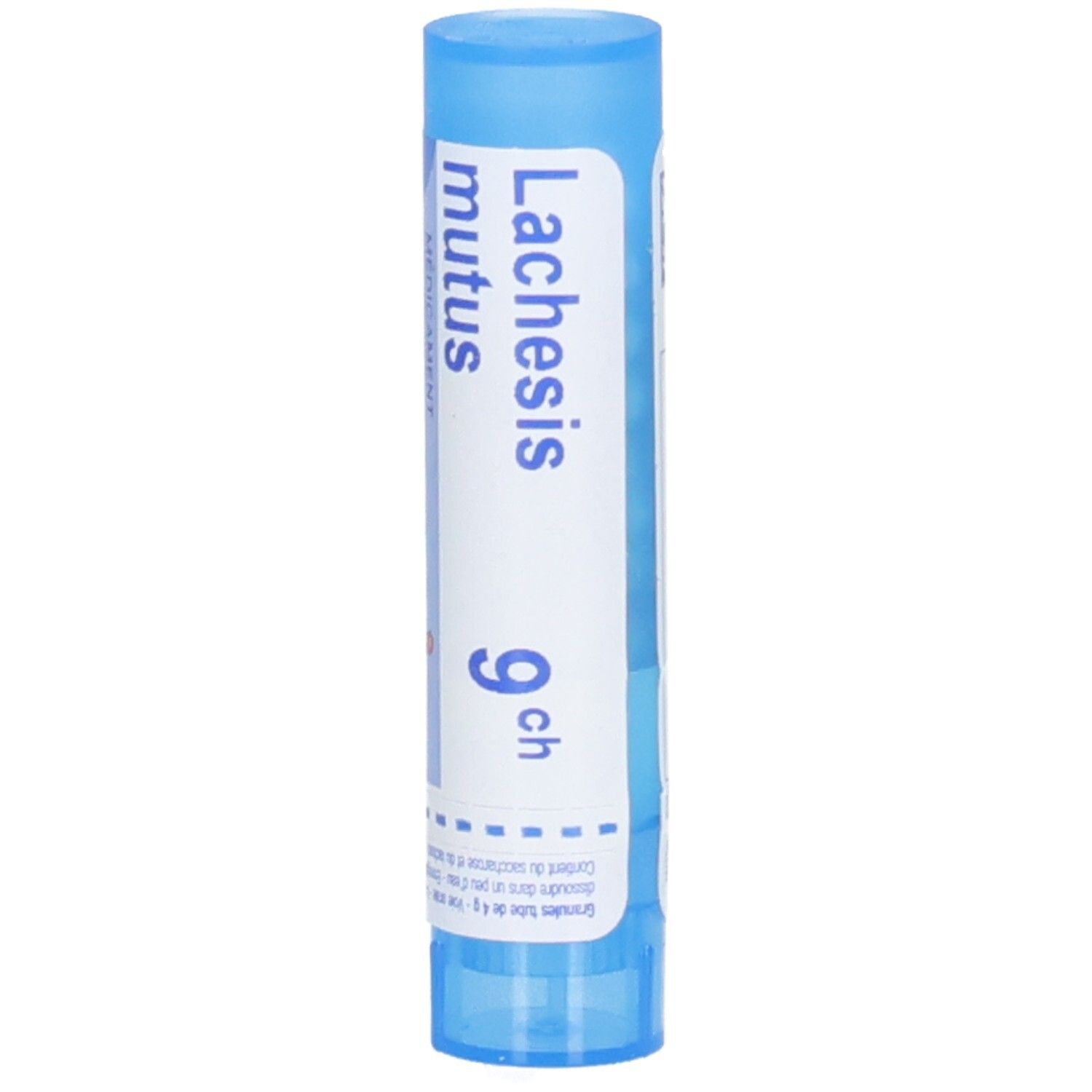 Tube bleu avec étiquette blanche. Inscription: Lachesis mutus 9 ch. Médicament. Partie supérieure bleue.