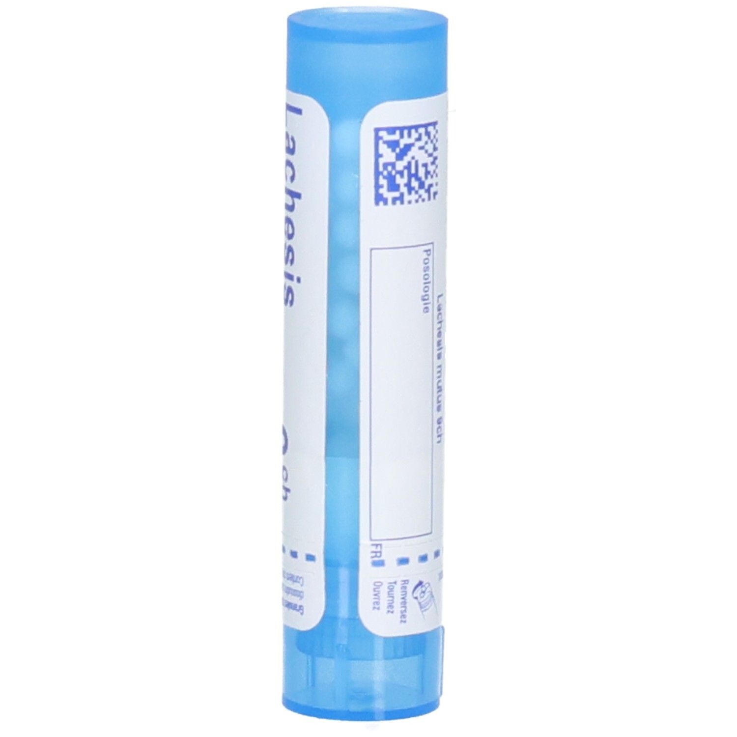 Tube bleu avec étiquette blanche. Inscription: Lachesis 9 ch. Code-barres. Médicament. Partie supérieure bleue.