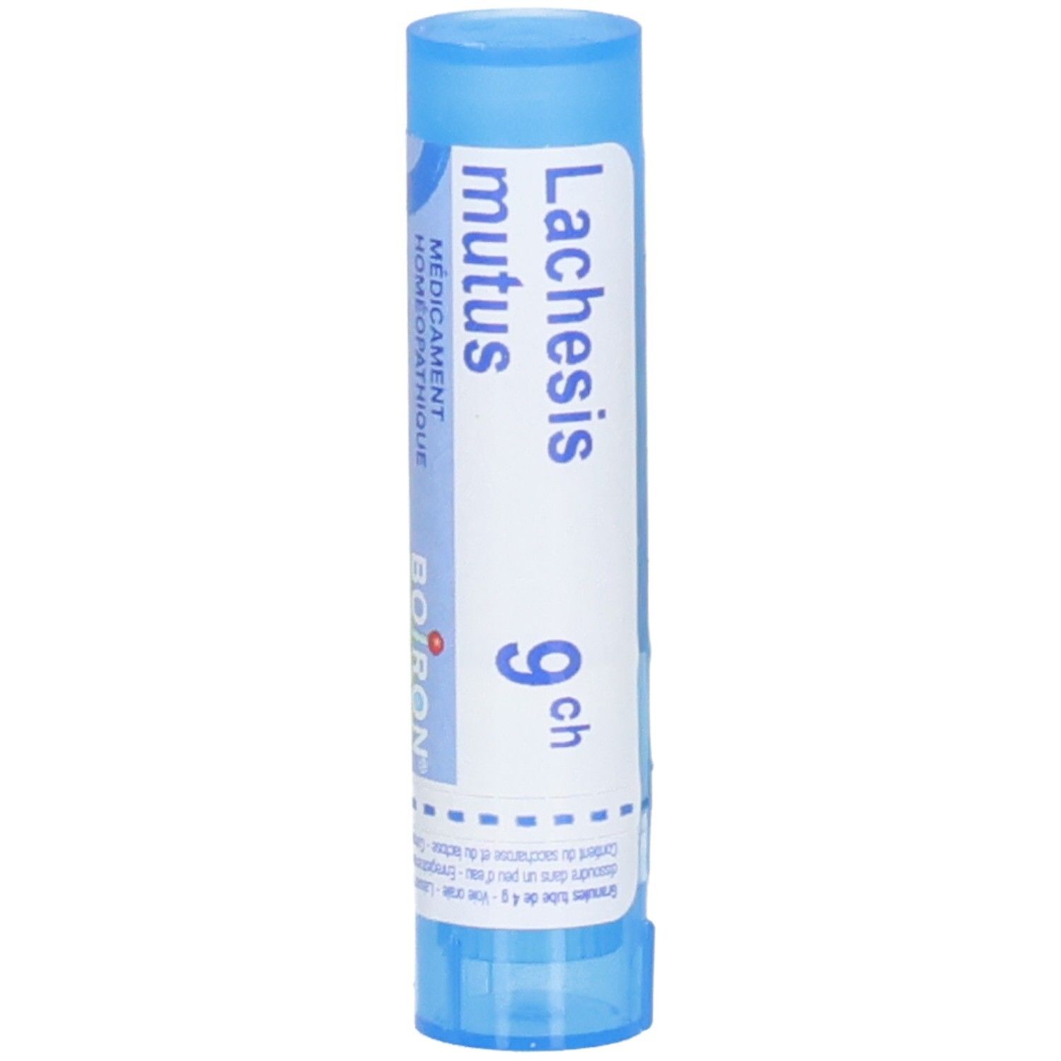 Tube bleu avec étiquette blanche. Inscription: Lachesis mutus 9 ch, Boiron. Médicament. Partie supérieure bleue.