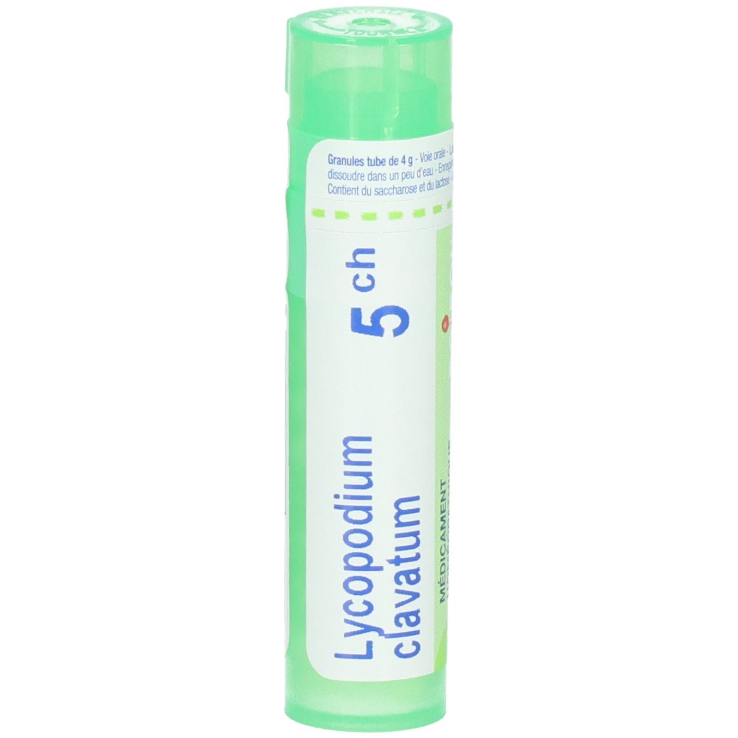 Tube vert contenant des granules de Lycopodium clavatum 5 ch. Étiquetage en français et allemand.