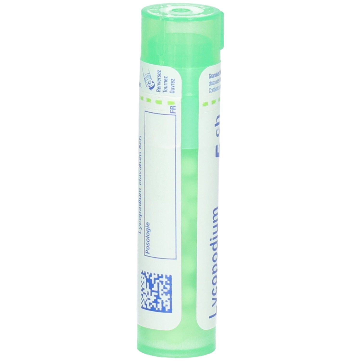 Tube vert Lycopodium clavatum 5 ch. Dos verso avec QR code et instructions d'usage.