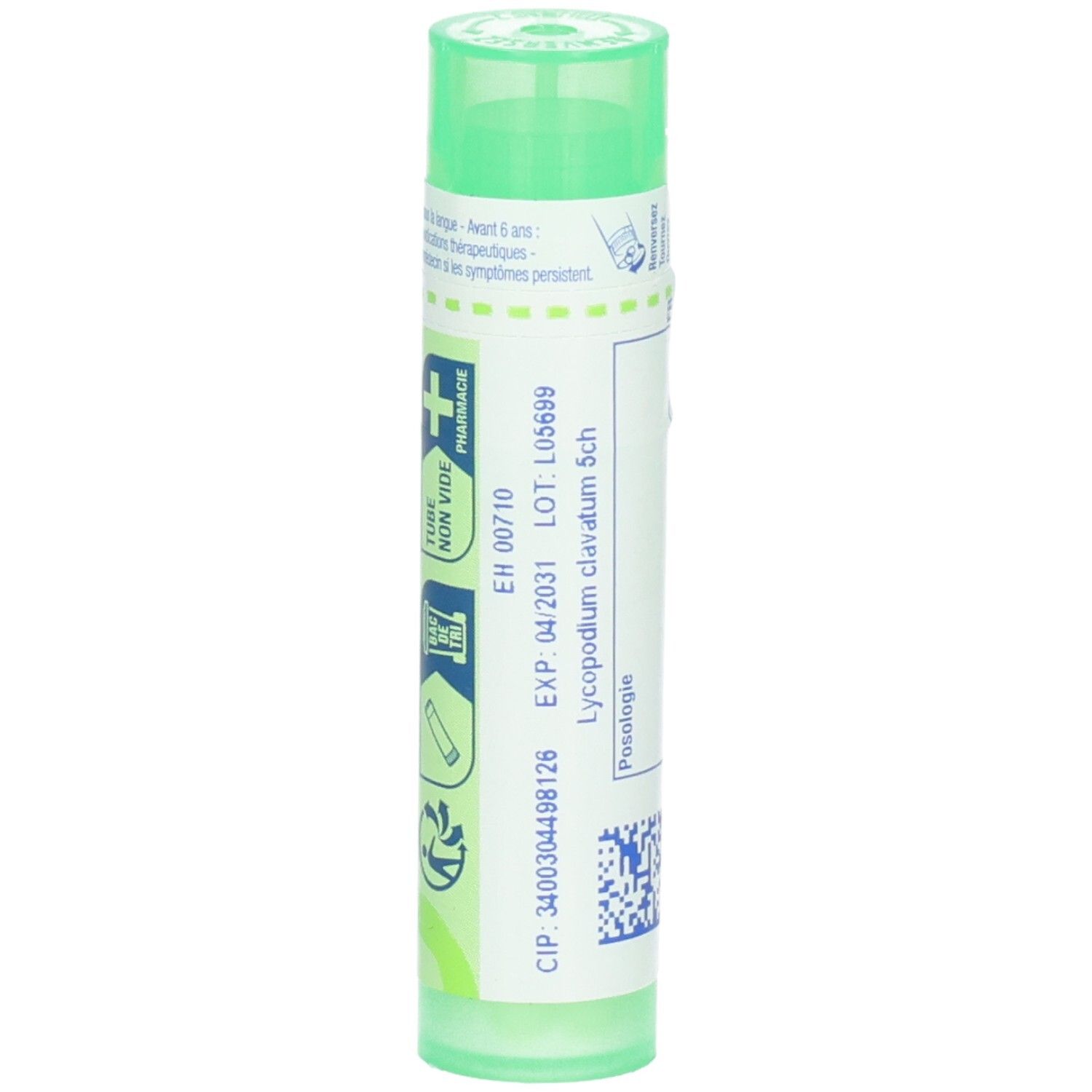 Tube vert Lycopodium clavatum 5 ch. Informations sur le lot et la date d'expiration.