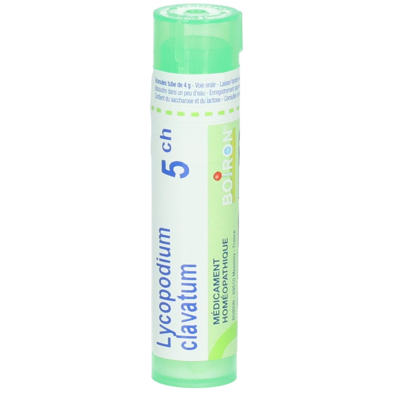 Tube vert Lycopodium clavatum 5 ch. Logo Boiron et "Médicament Homéopathique".
