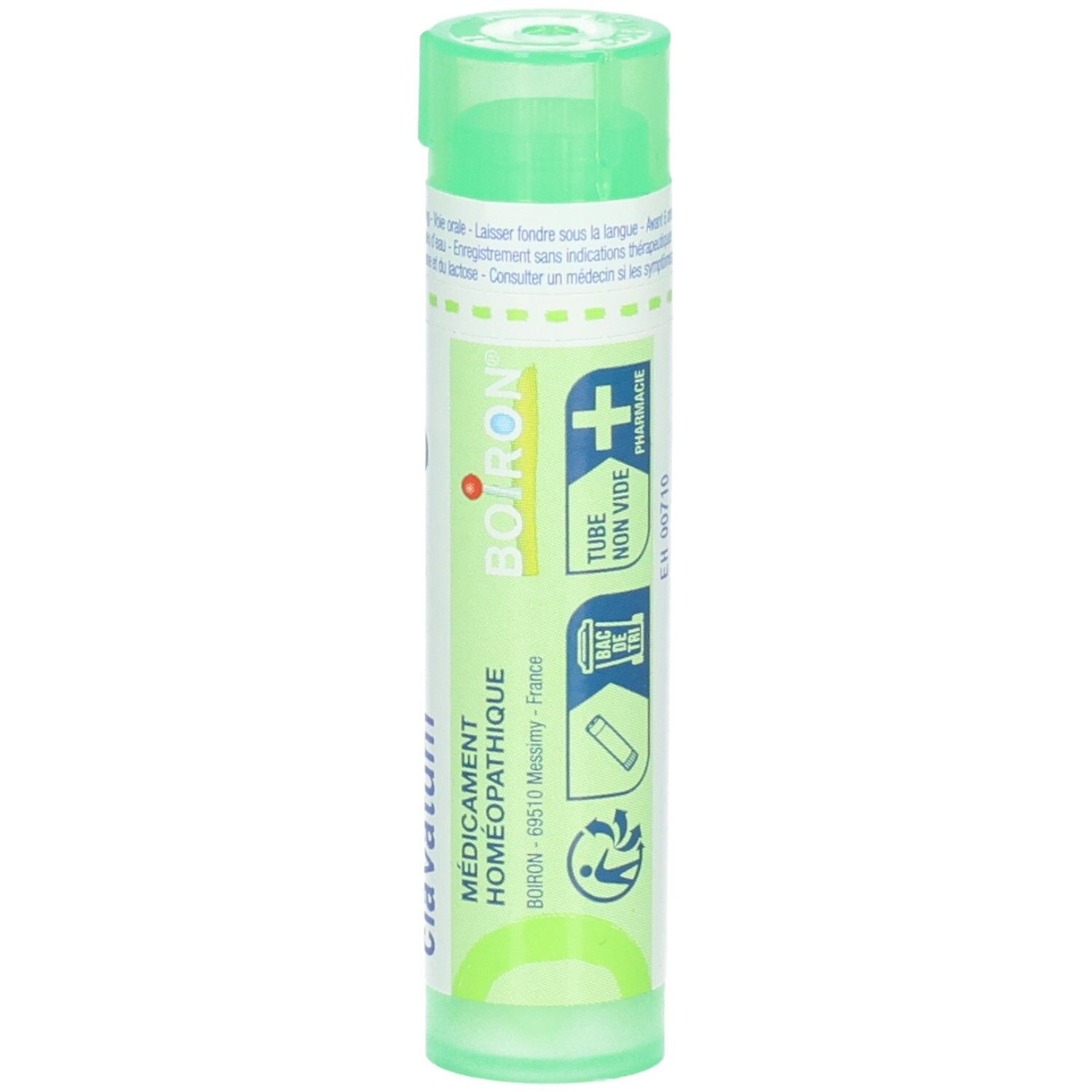 Tube vert Lycopodium clavatum 5 ch. Logo Boiron, "Tube non vide" et symboles.