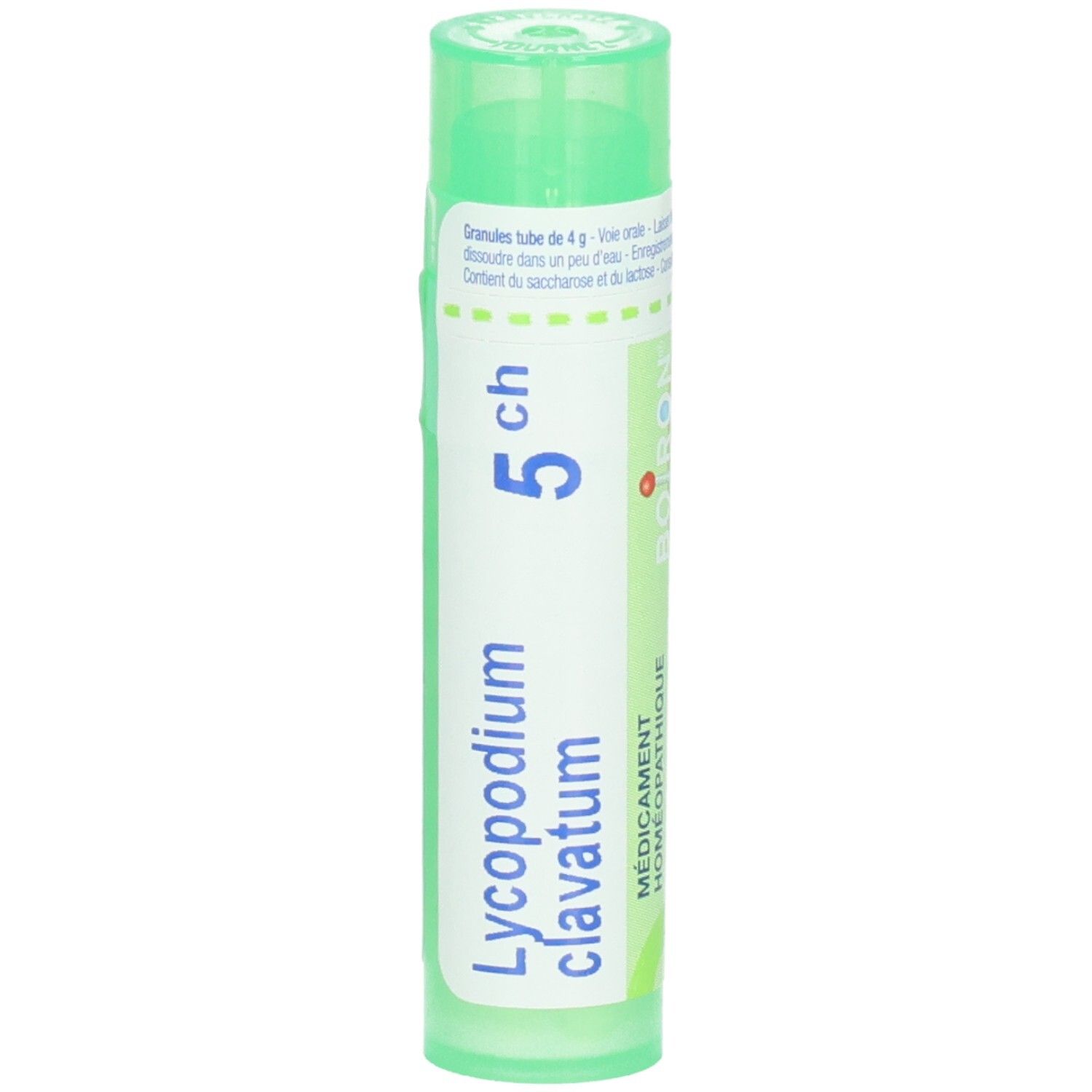 Tube vert Lycopodium clavatum 5 ch. "Granules tube de 4 g" et instructions.