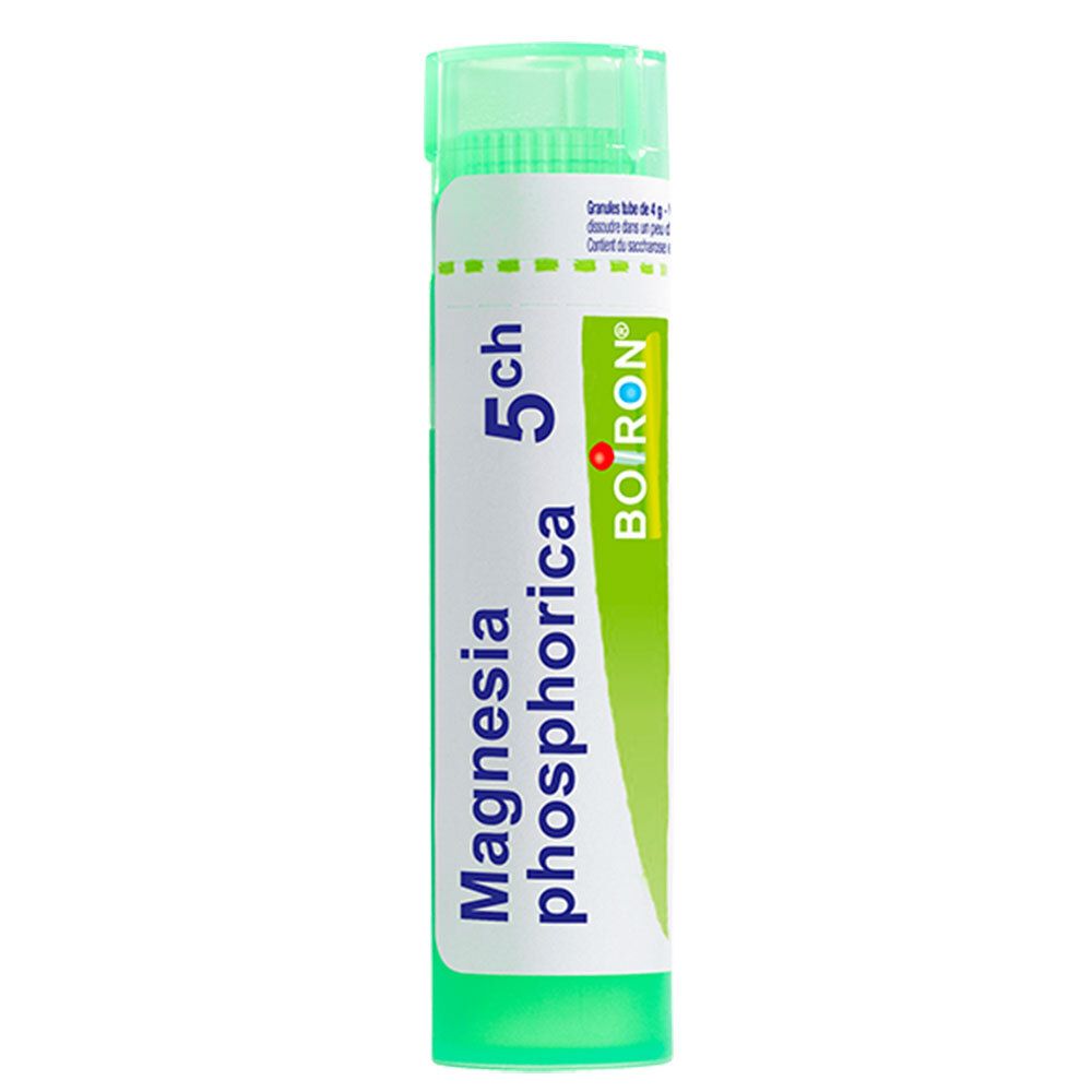 Tube vert avec inscription Boiron Magnesia phosphorica 5 ch.