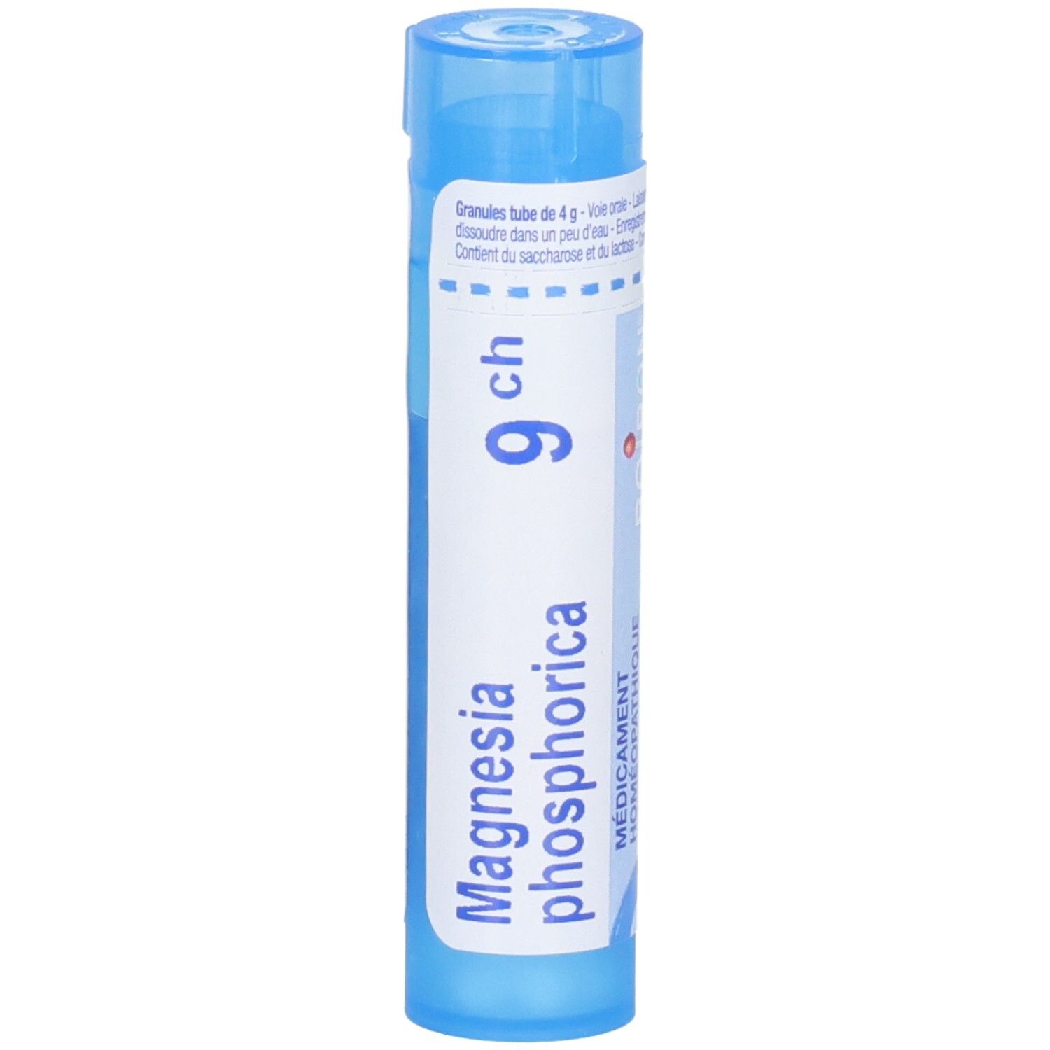 Tube bleu contenant des granules de Magnesia phosphorica 9 ch. Étiquetage en français et allemand.
