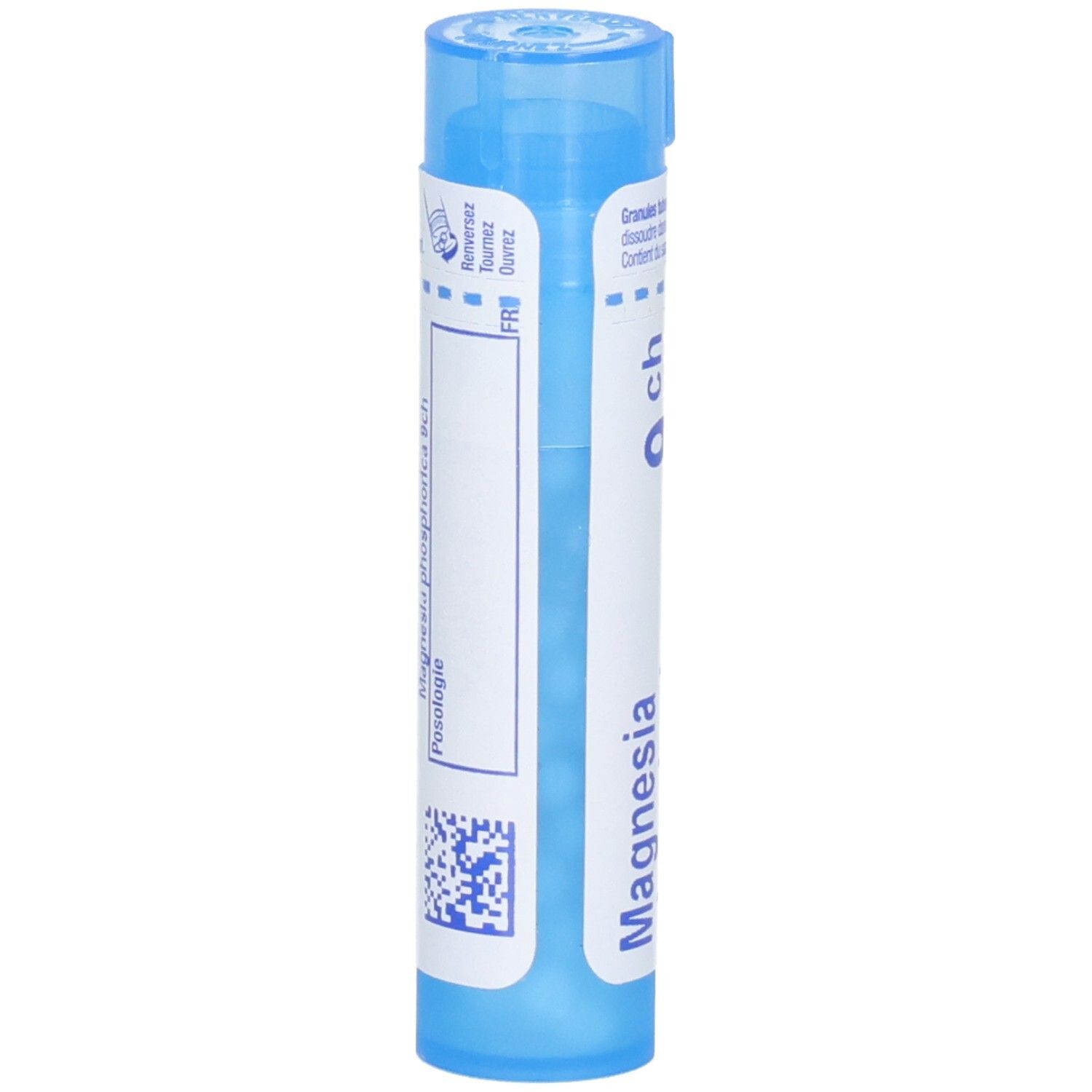 Arrière d'un tube bleu de Magnesia phosphorica 9 ch. Contient un code QR et un étiquetage latin.