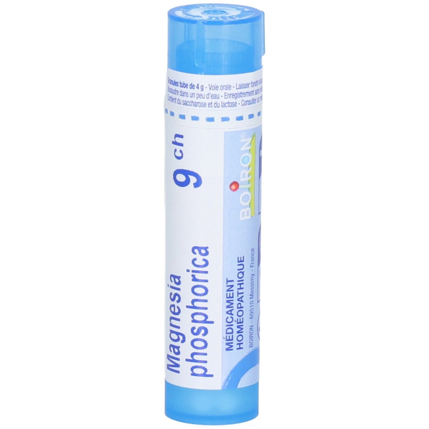 Tube bleu avec Magnesia phosphorica 9 ch et logo Boiron. Étiquetage en français et allemand.
