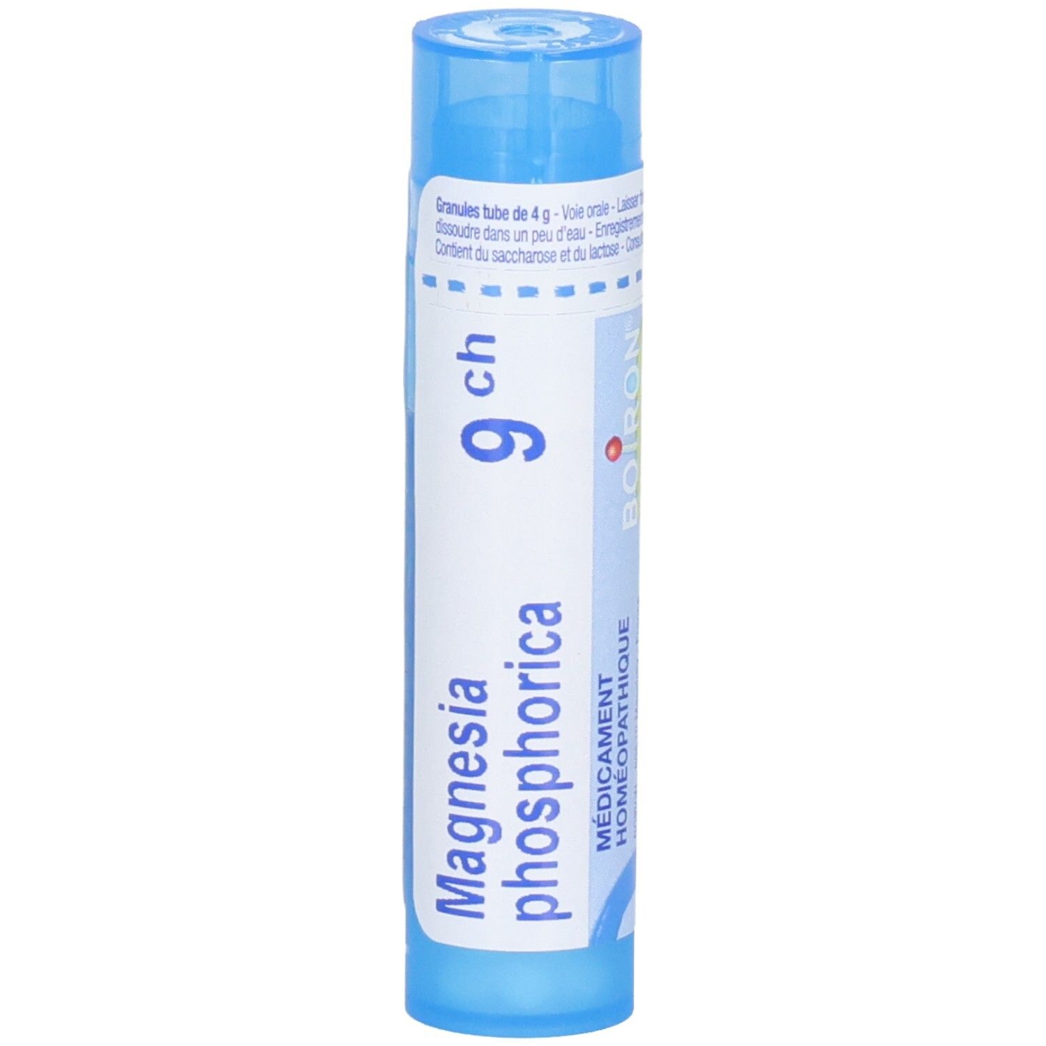 Tube bleu avec Magnesia phosphorica 9 ch. Étiquetage en français et allemand, logo Boiron.