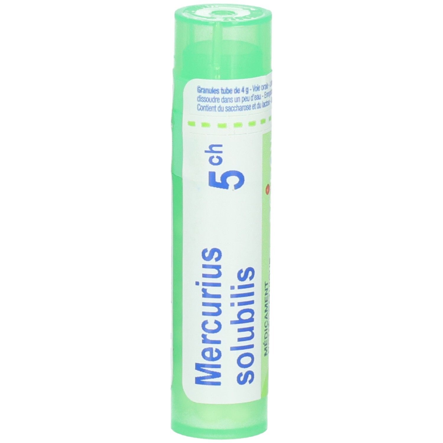 Tube vert avec granules, étiquette : Mercurius solubilis 5 ch.