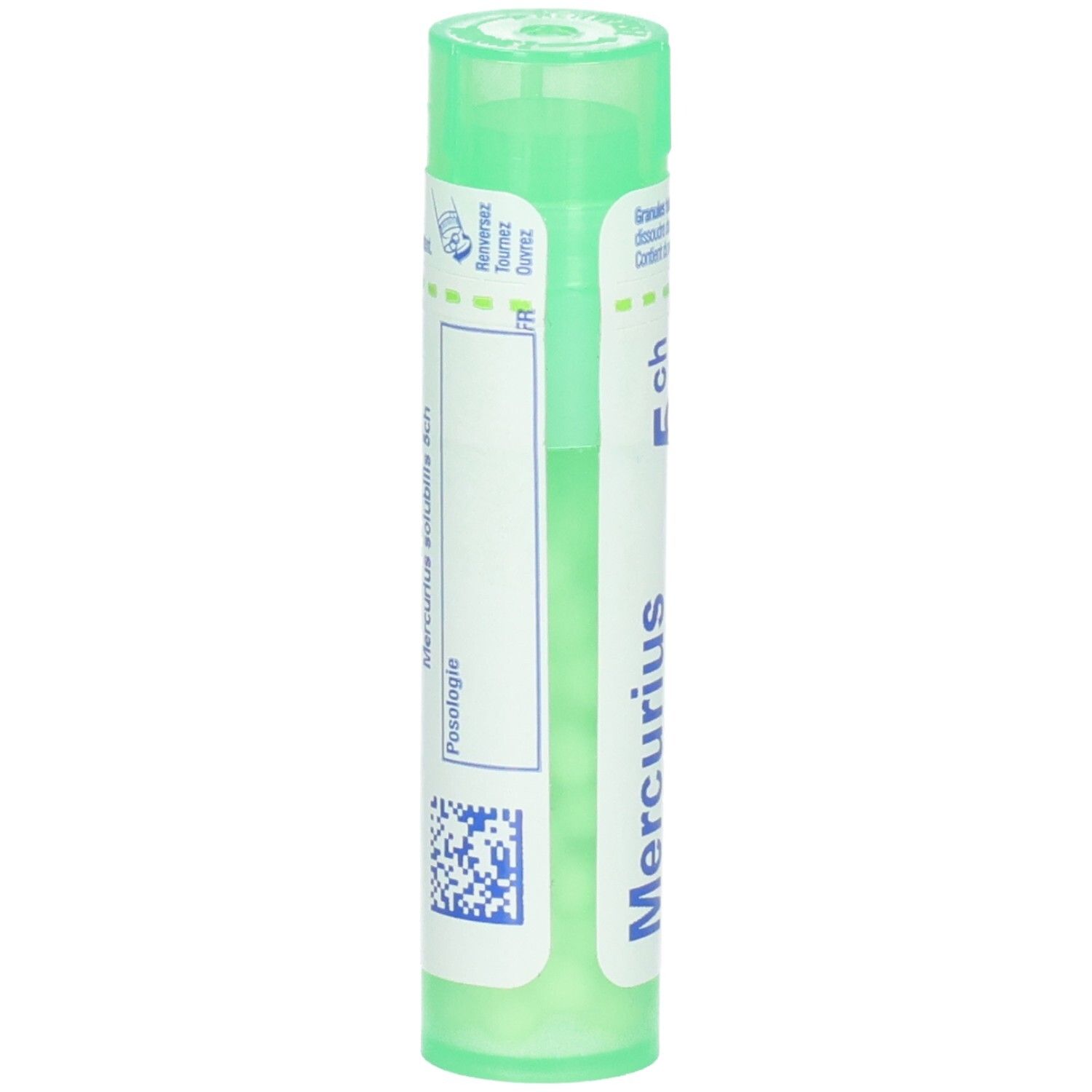 Tube vert avec granules, verso avec instructions d'utilisation et code-barres.