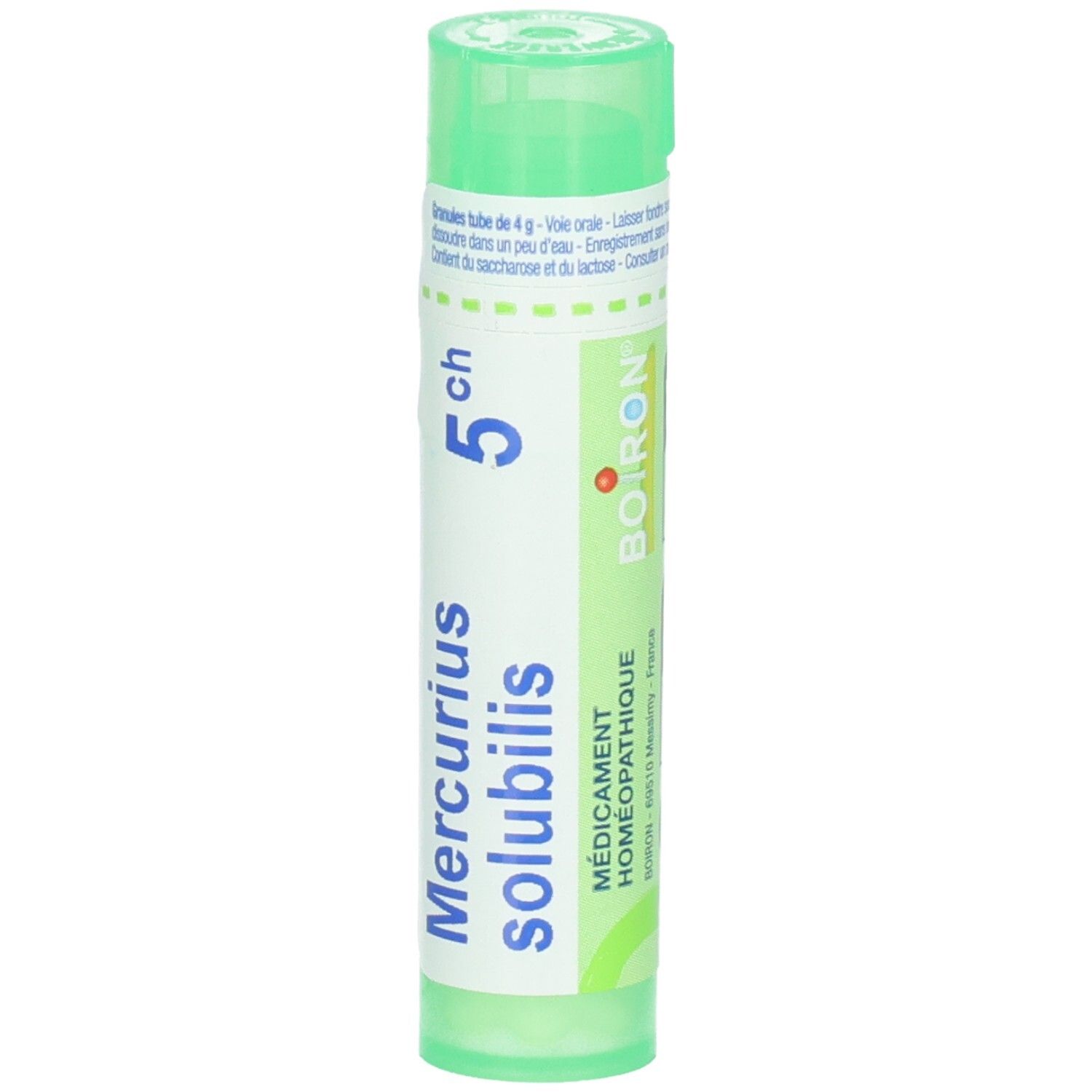 Tube vert avec granules, étiquette : Mercurius solubilis 5 ch, Boiron.