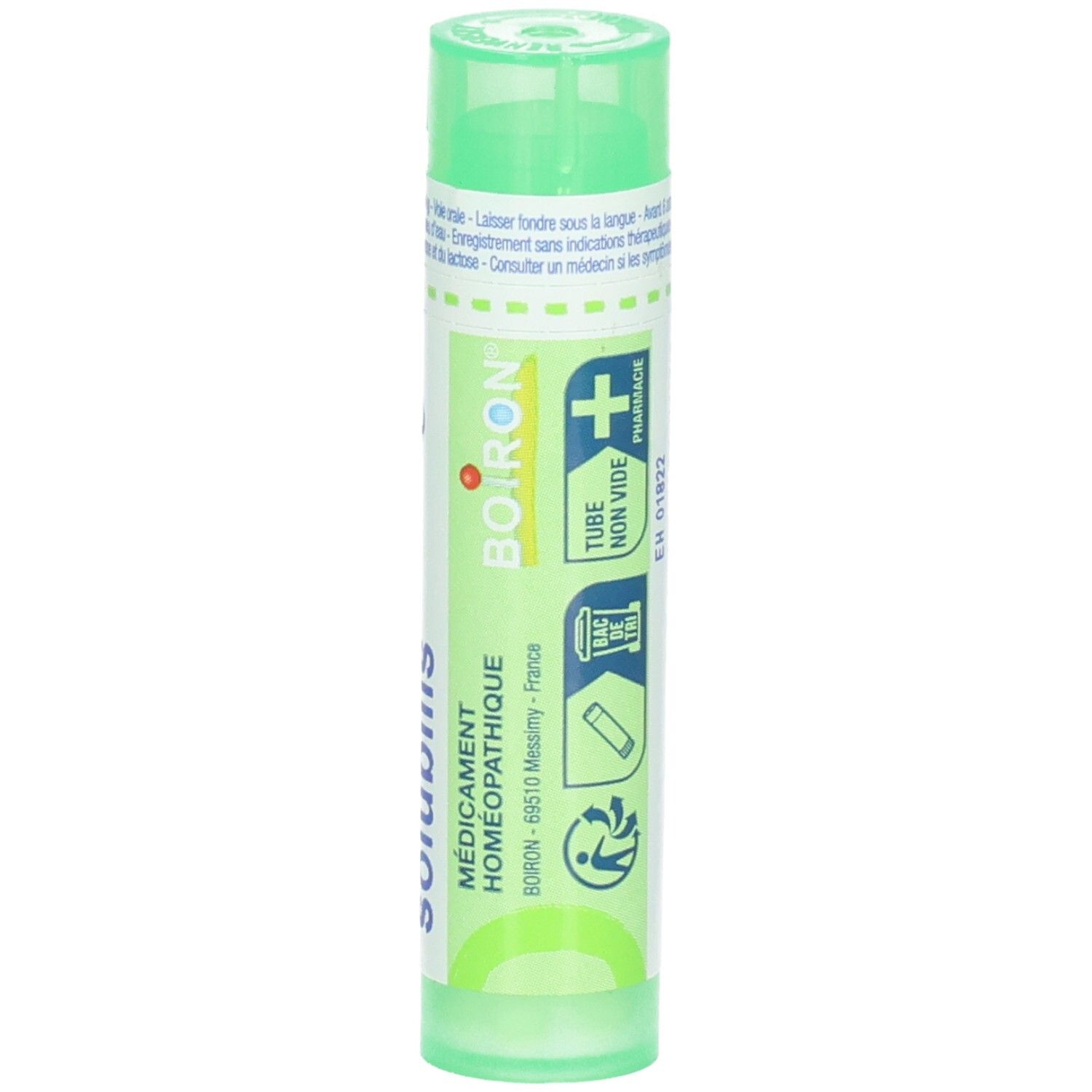 Tube vert avec granules, verso avec logo Boiron et symboles d'application.