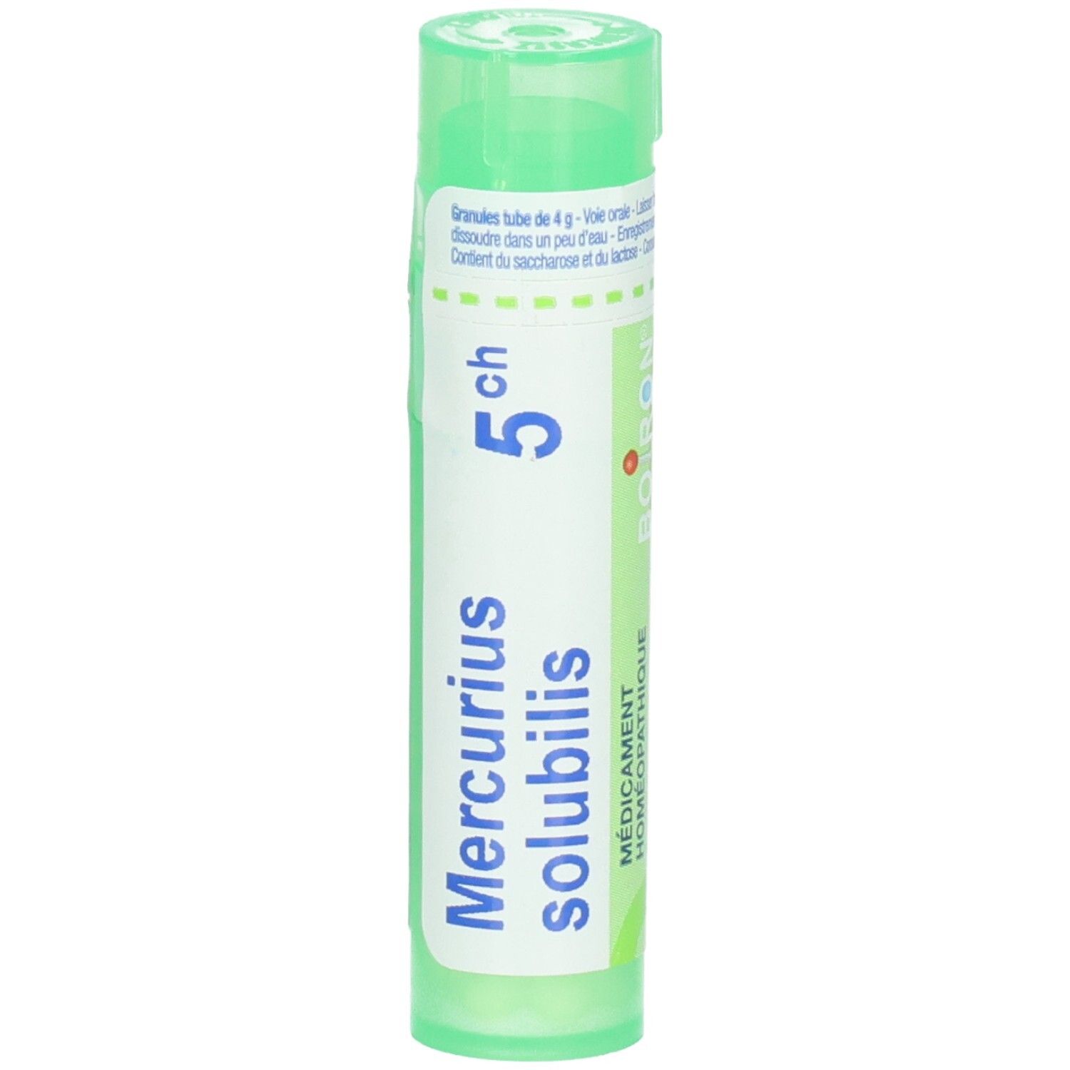 Tube vert avec granules, étiquette : Mercurius solubilis 5 ch, Boiron.