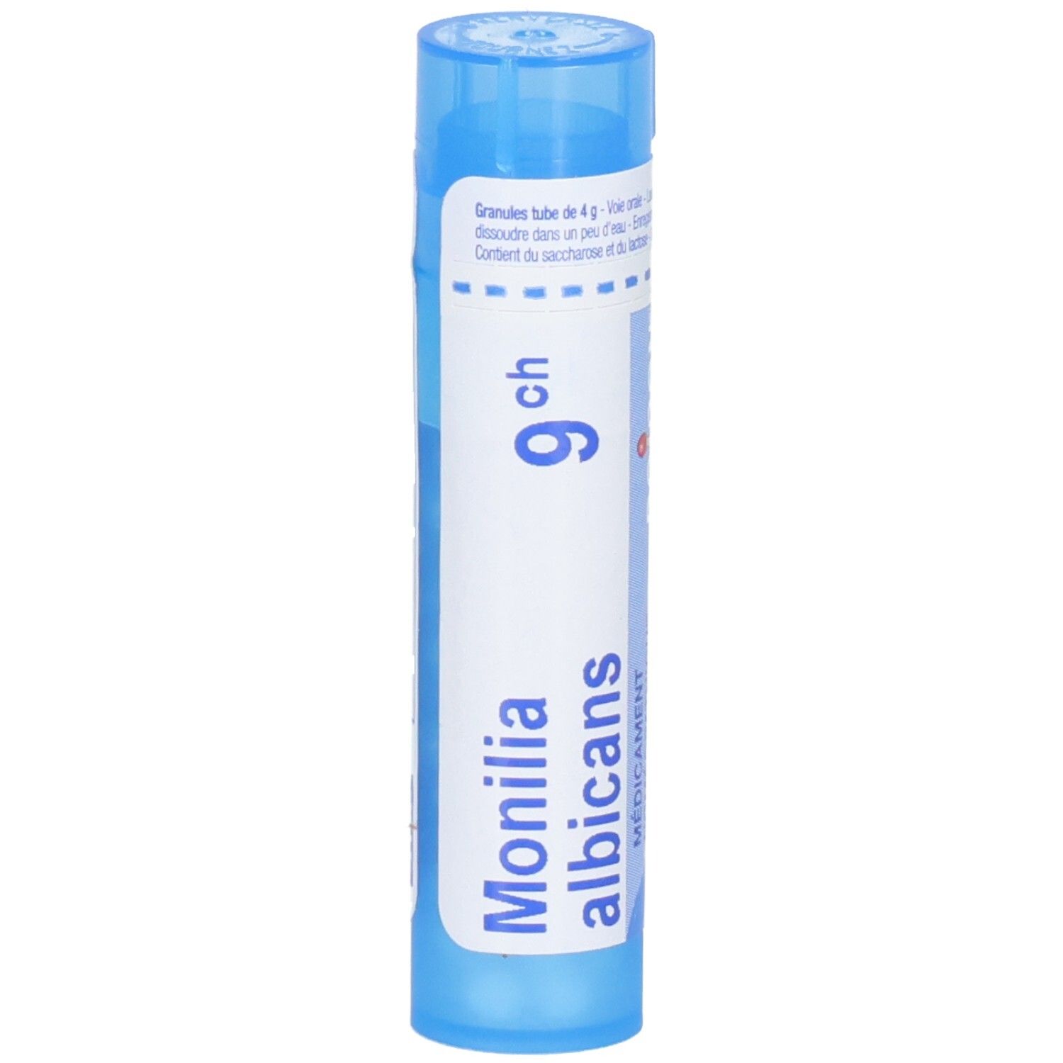 Tube bleu avec granulés, inscription 'Monilia albicans 9ch'.