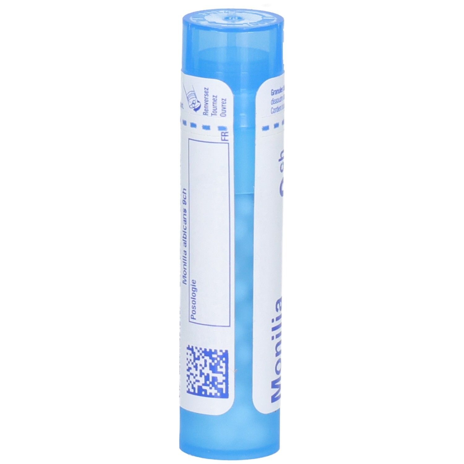 Arrière d'un tube bleu avec granulés, inscription 'Monilia albicans 9ch'.