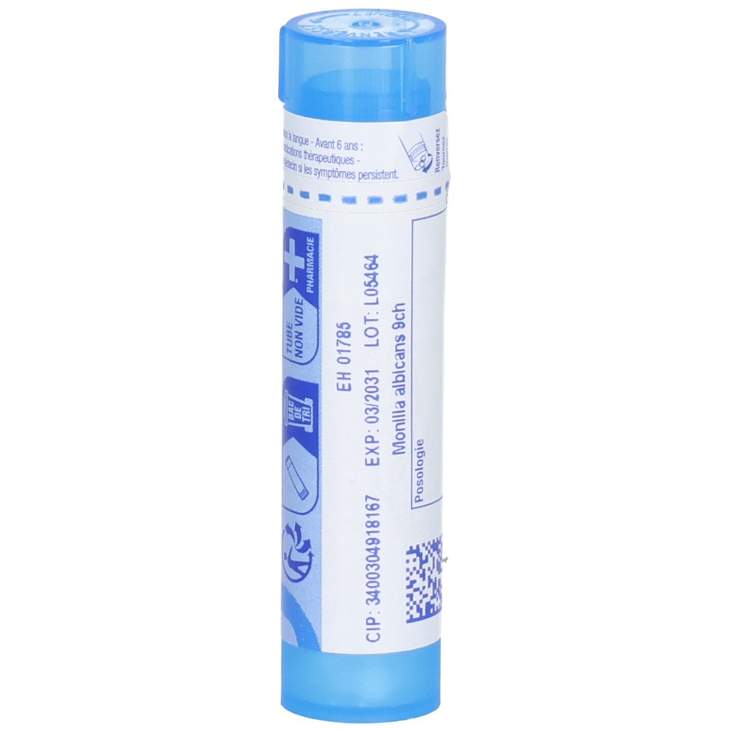 Tube bleu avec granulés, inscription 'Monilia albicans 9ch', numéro de lot et date d'expiration.