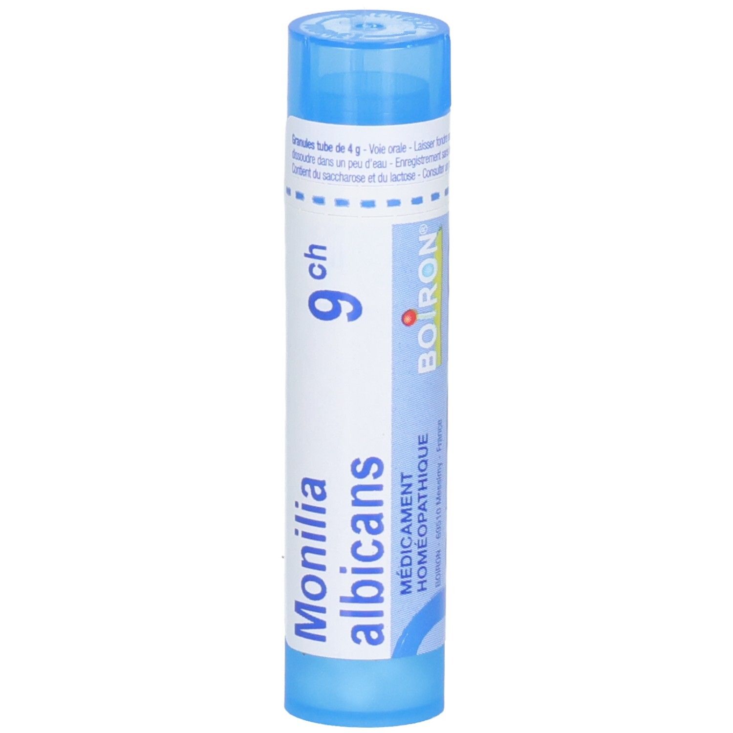 Tube bleu avec granulés, inscription 'Monilia albicans 9ch' et 'Boiron'.