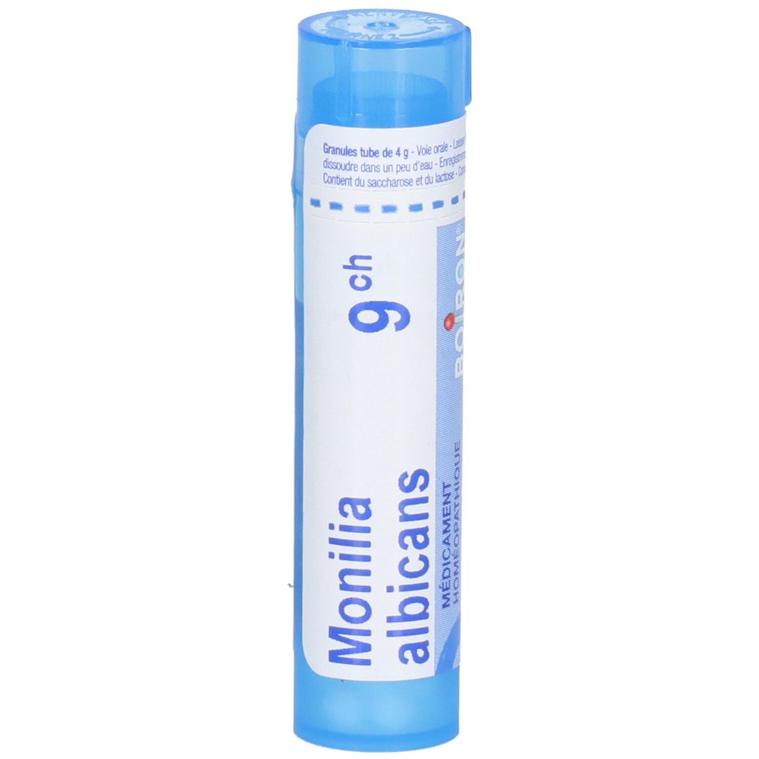 Tube bleu avec granulés, inscription 'Monilia albicans 9ch'.