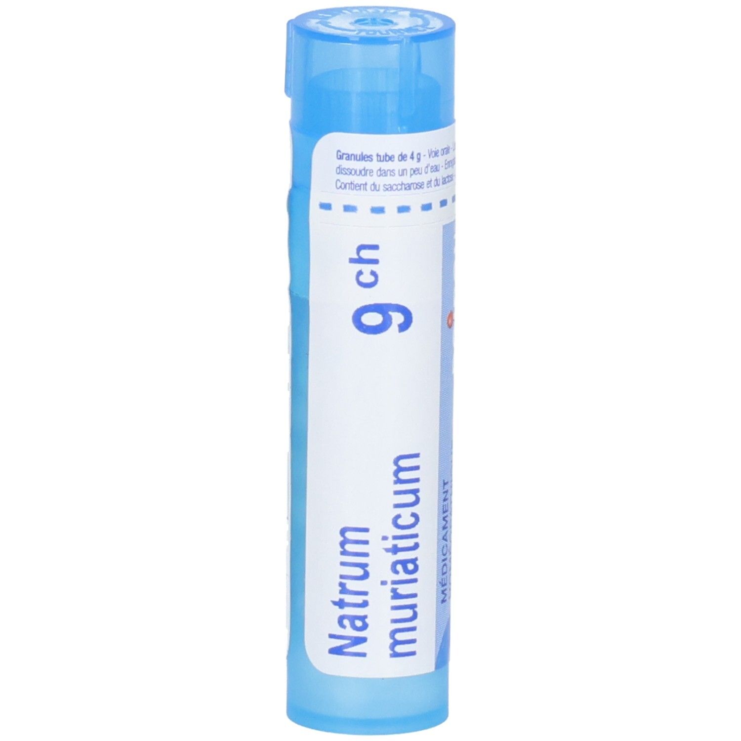 Tube bleu avec étiquette blanche, Natrum muriaticum 9 ch, 4g granules.