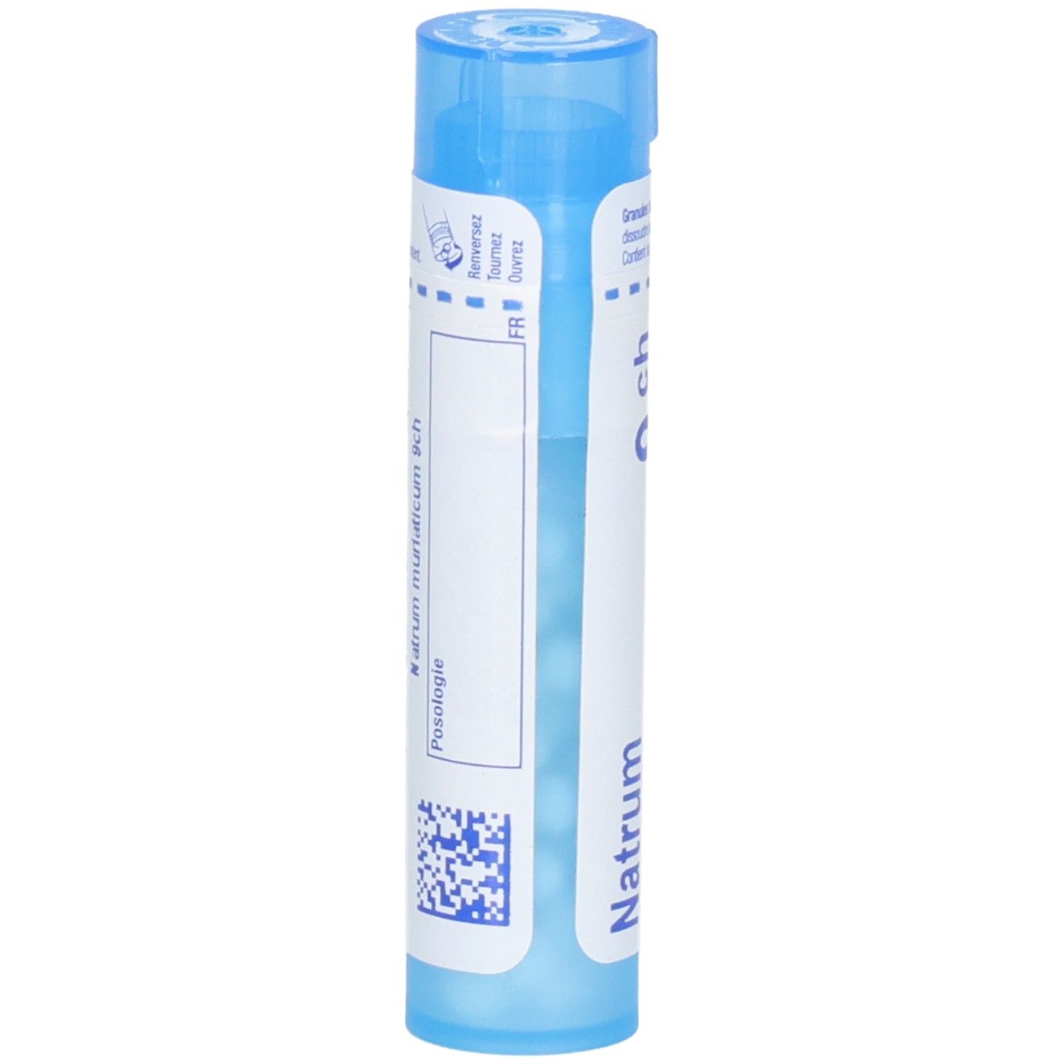 Arrière d'un tube bleu avec étiquette blanche, Natrum muriaticum 9 ch, 4g.