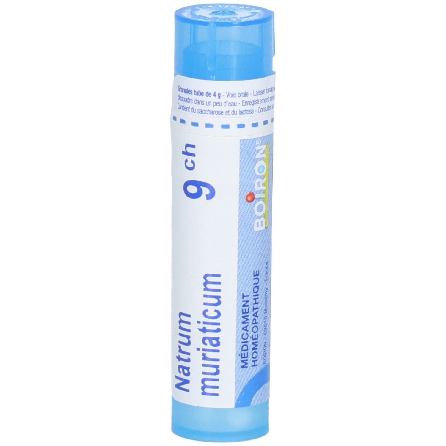 Tube bleu avec étiquette blanche, Natrum muriaticum 9 ch, Boiron, 4g.