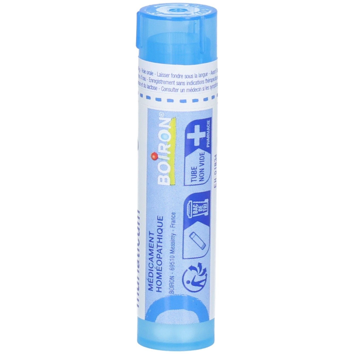 Côté d'un tube bleu, Boiron, Natrum muriaticum 9 ch, Médicament Homéopathique.